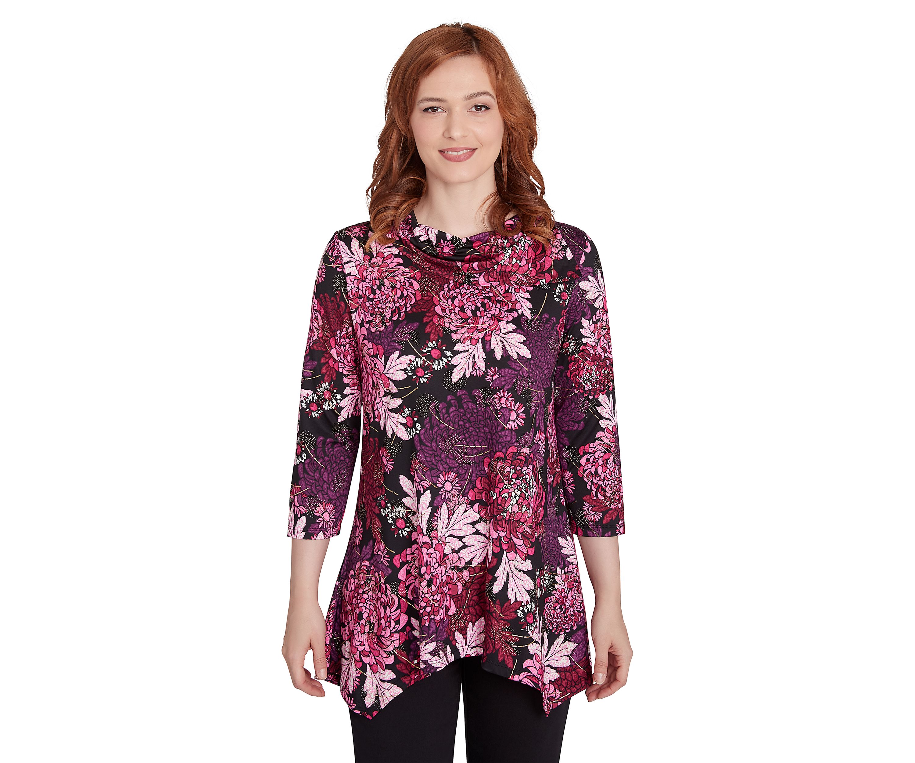 Petite Split Cowl Neck Bold Blooms Dew Drop Printed Knit Sharkbite Top