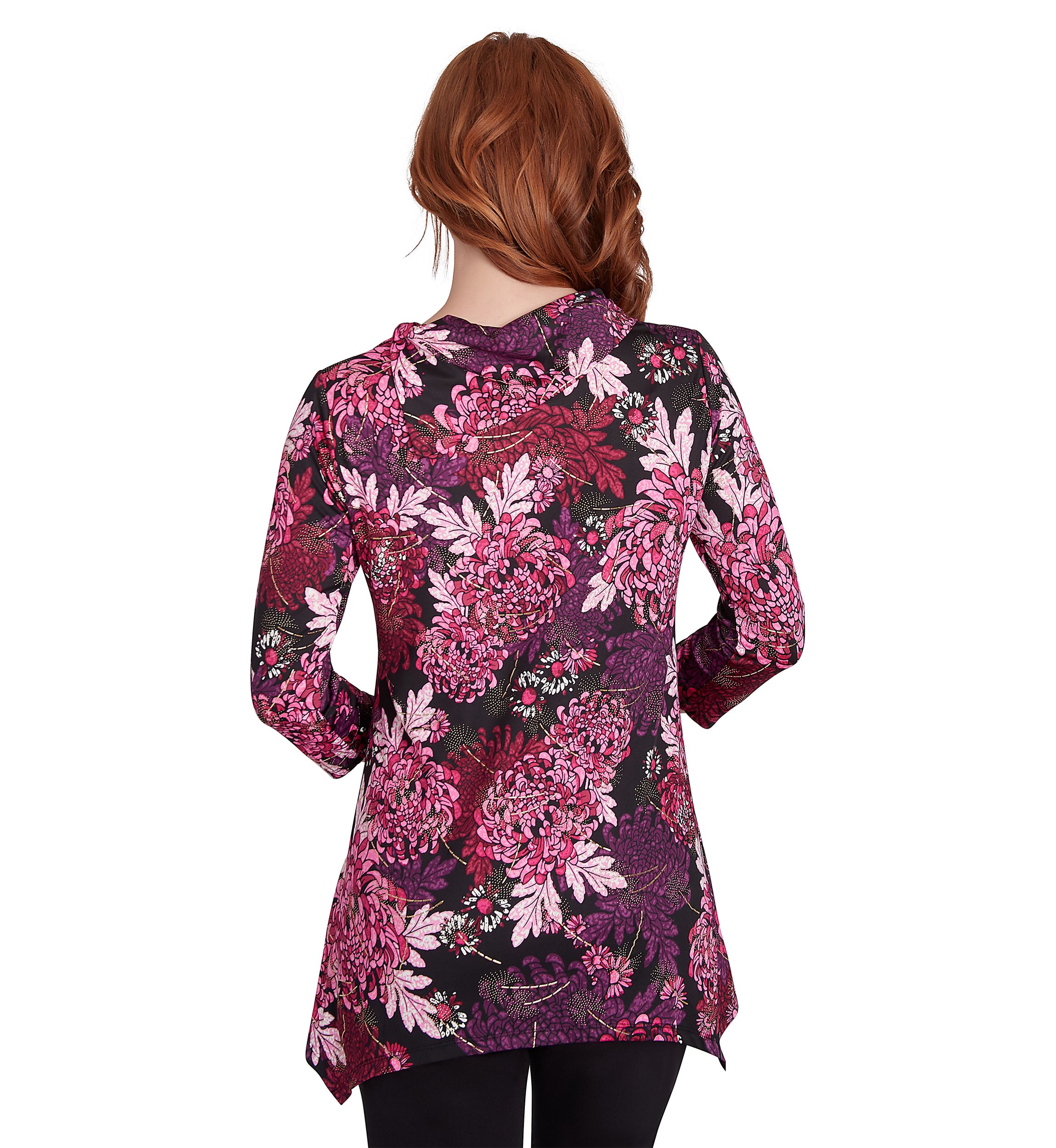 Petite Split Cowl Neck Bold Blooms Dew Drop Printed Knit Sharkbite Top