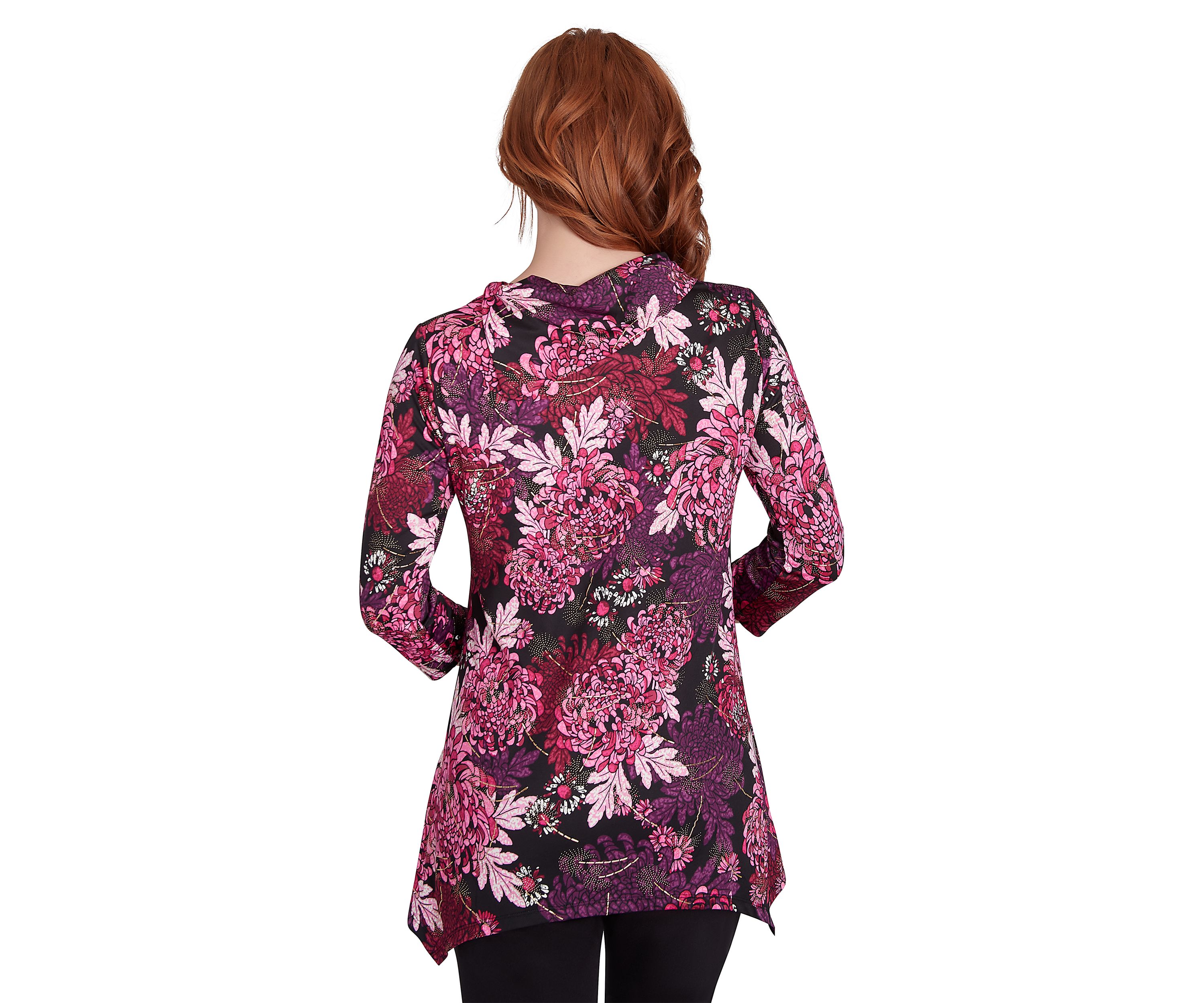 Petite Split Cowl Neck Bold Blooms Dew Drop Printed Knit Sharkbite Top