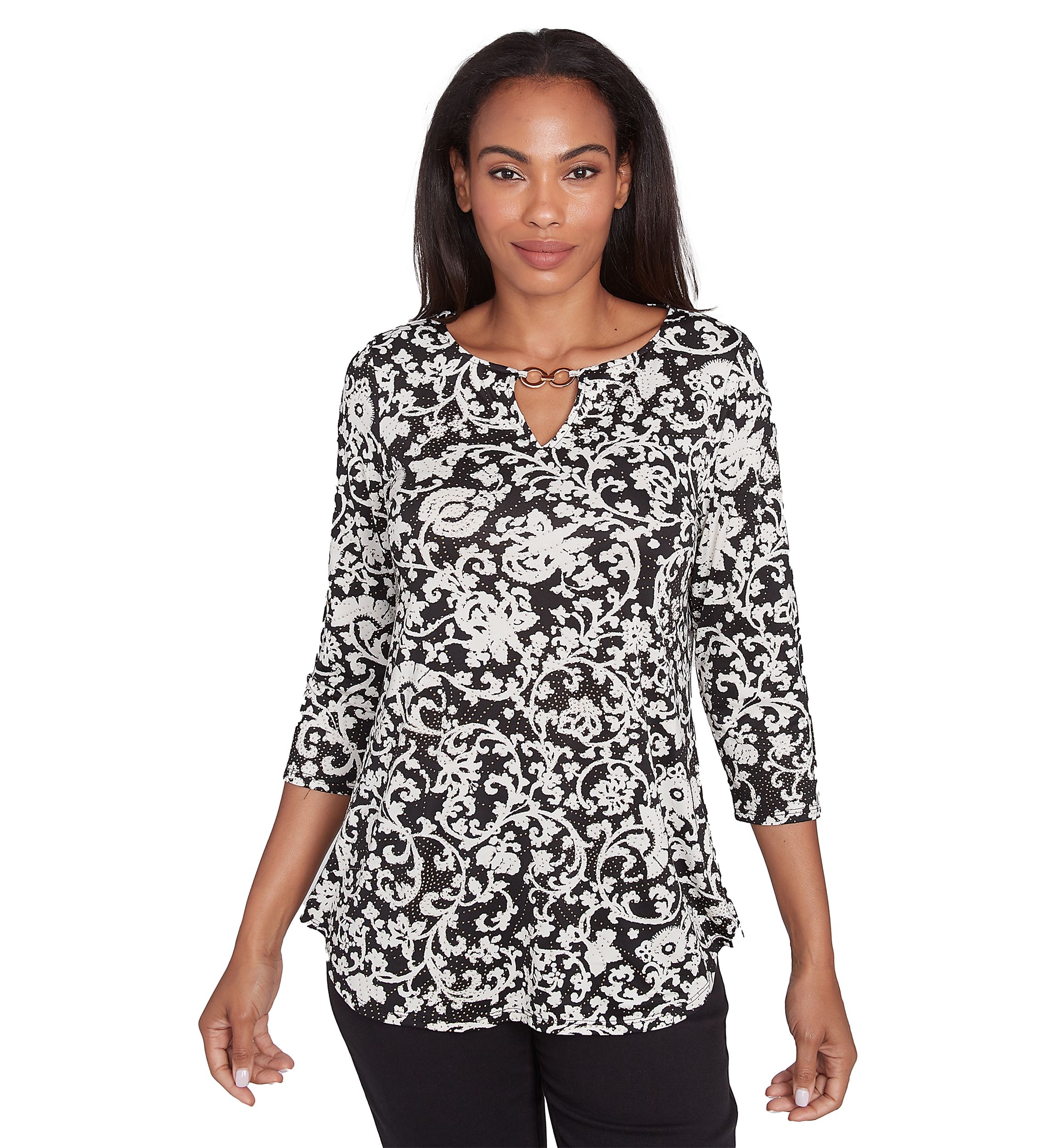 Petite Split Neck with Metal Clasp Detail Batik Scroll Dew Drop Printed Knit Top