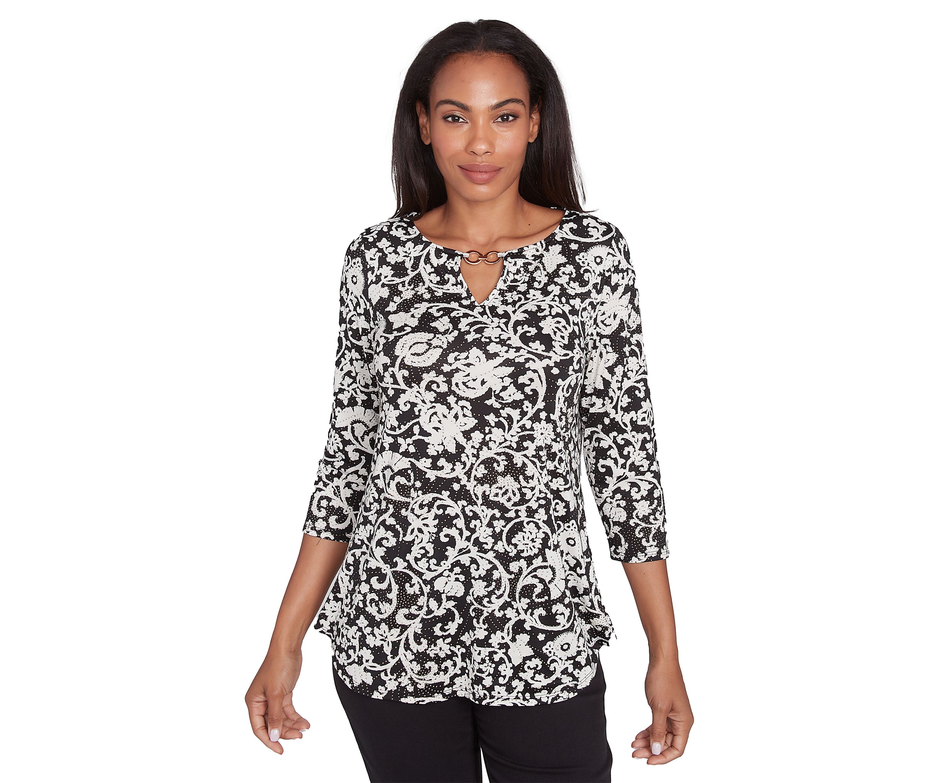 Petite Split Neck with Metal Clasp Detail Batik Scroll Dew Drop Printed Knit Top