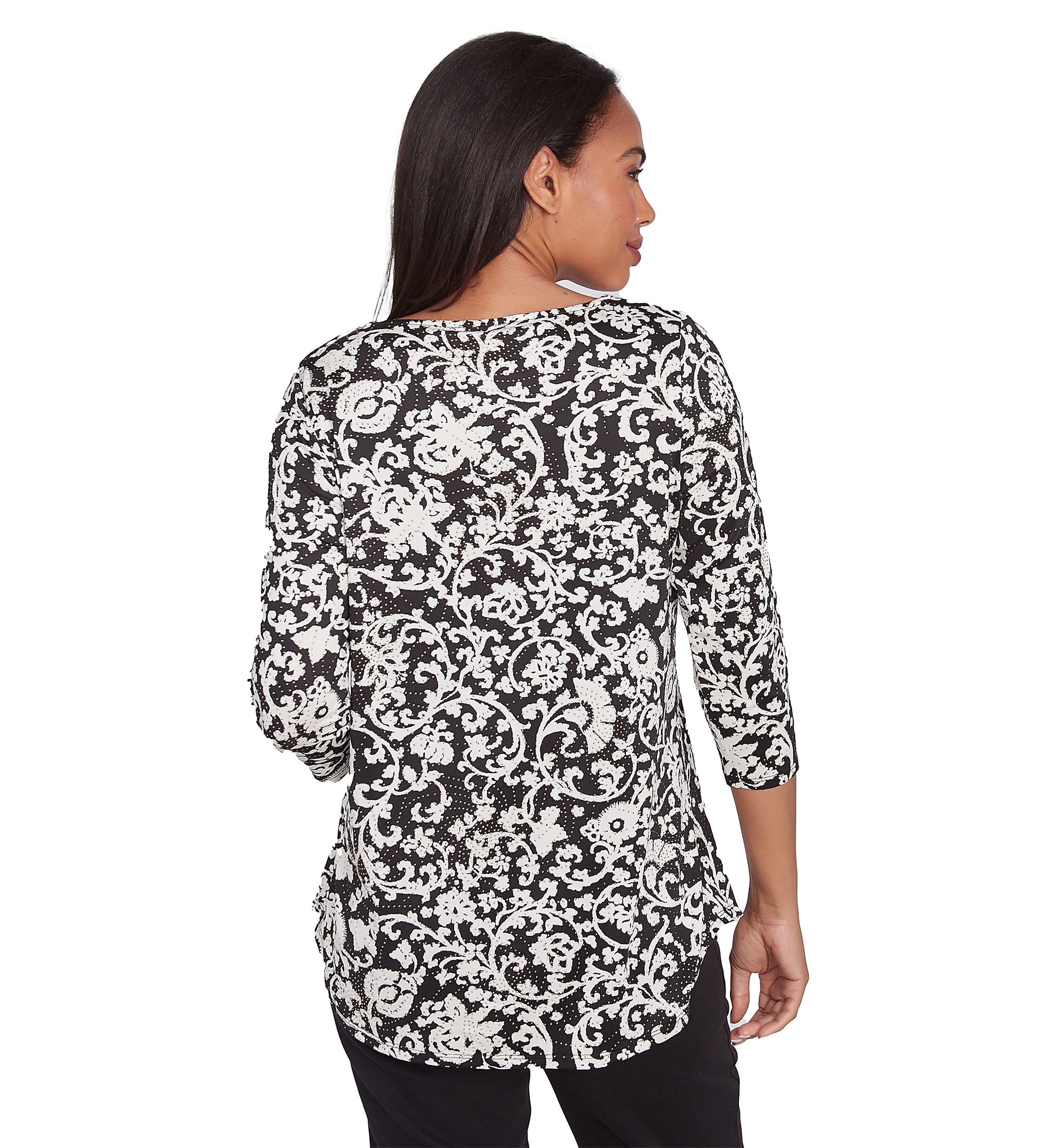 Petite Split Neck with Metal Clasp Detail Batik Scroll Dew Drop Printed Knit Top
