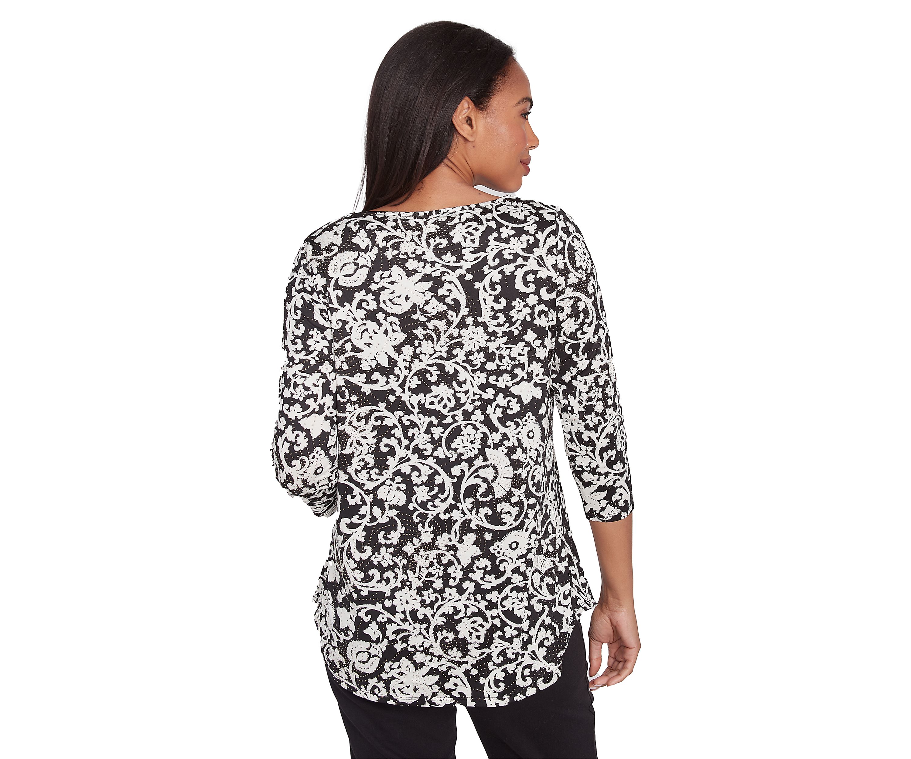 Petite Split Neck with Metal Clasp Detail Batik Scroll Dew Drop Printed Knit Top
