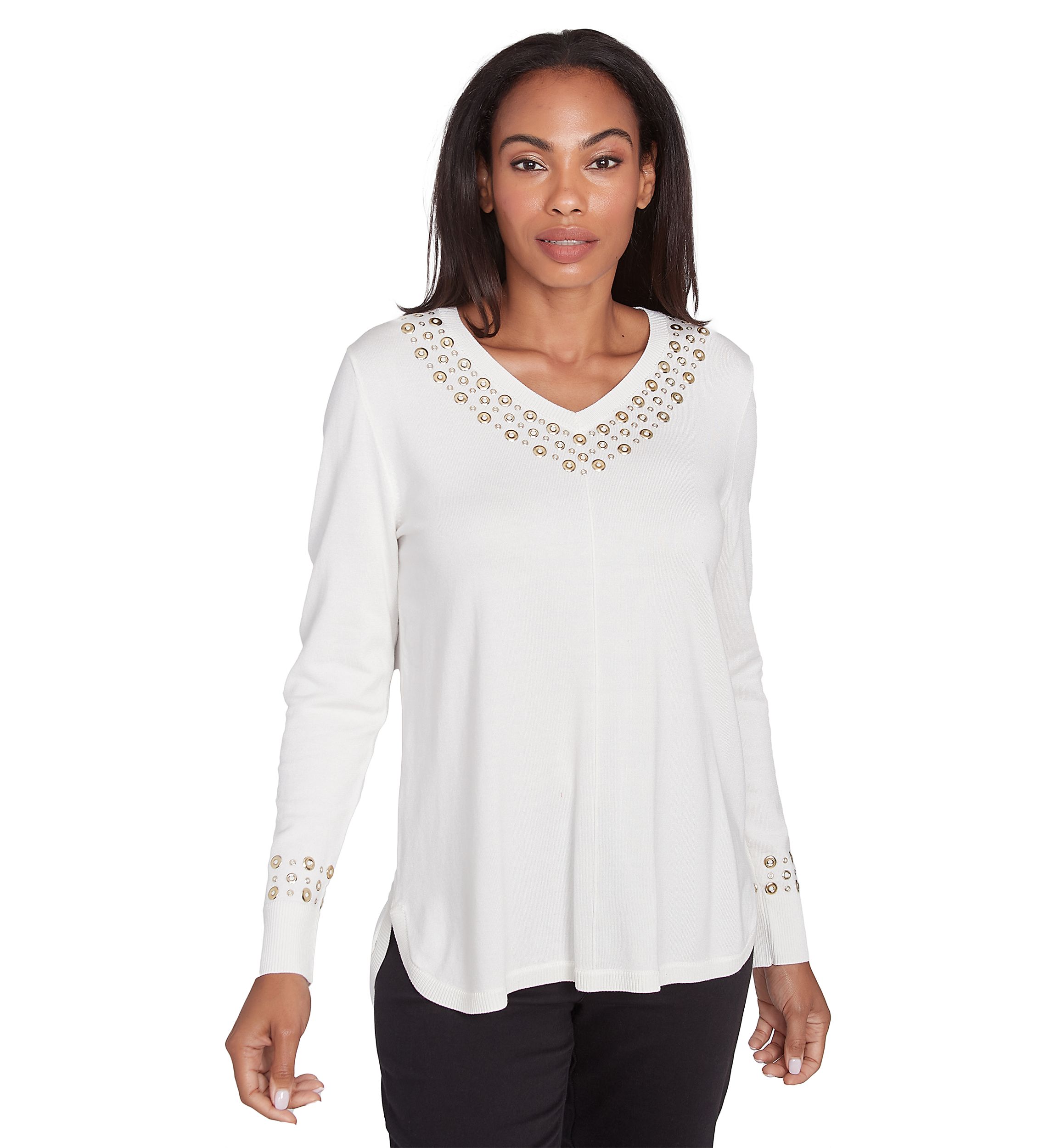 Petite V-Neck Grommet Embellished Fine Gauge Pull Over Sweater