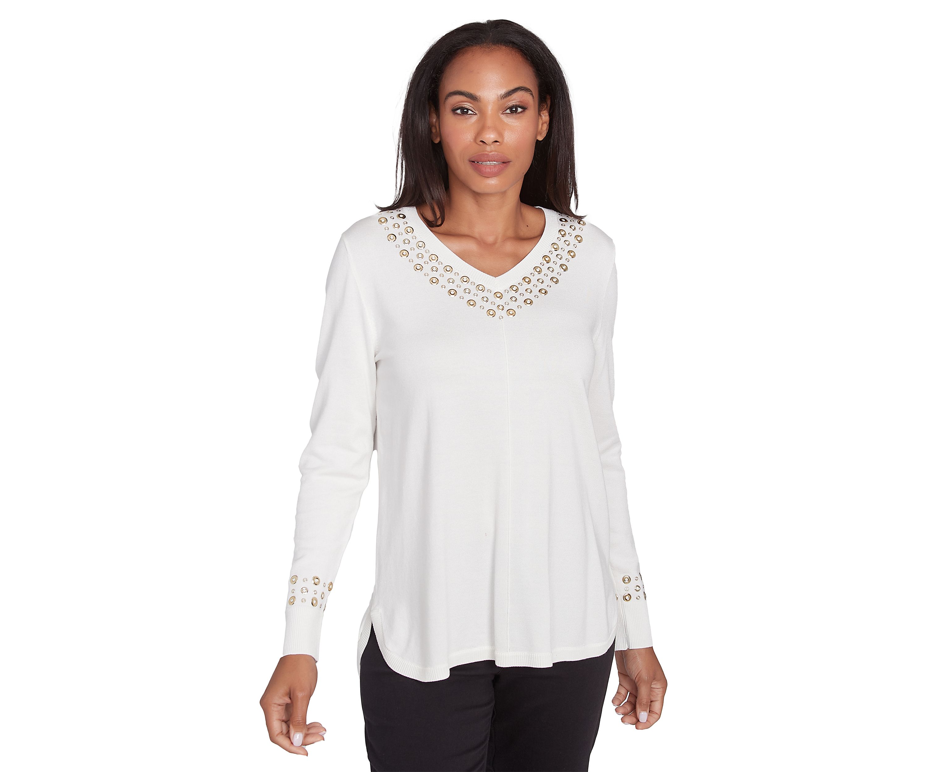 Petite V-Neck Grommet Embellished Fine Gauge Pull Over Sweater