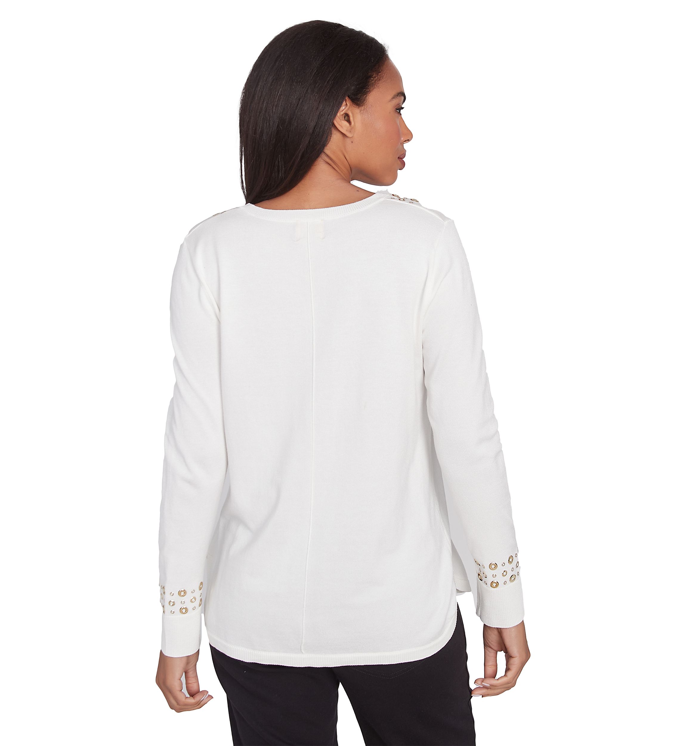 Petite V-Neck Grommet Embellished Fine Gauge Pull Over Sweater