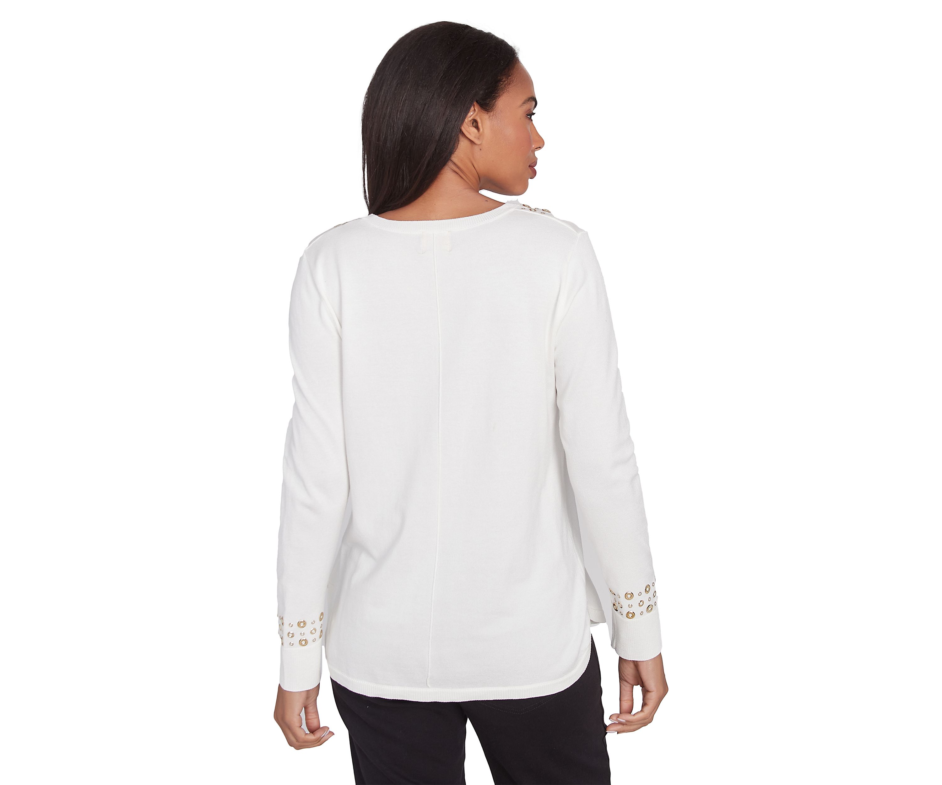 Petite V-Neck Grommet Embellished Fine Gauge Pull Over Sweater