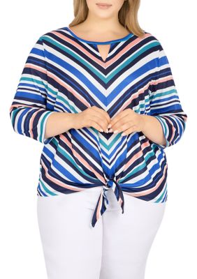 Plus Stripe Shimmer Tie Front Top