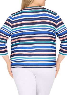 Plus Stripe Shimmer Tie Front Top