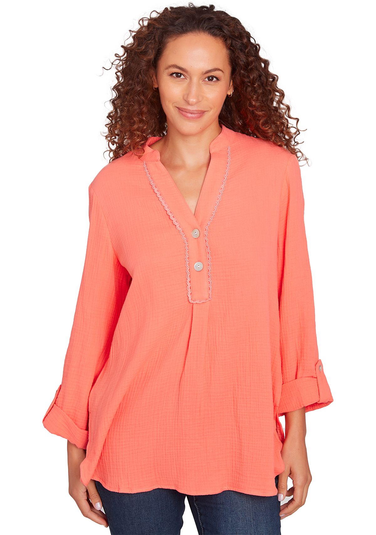 Womens Solid Gauze Roll Tab Sleeve Henley Top