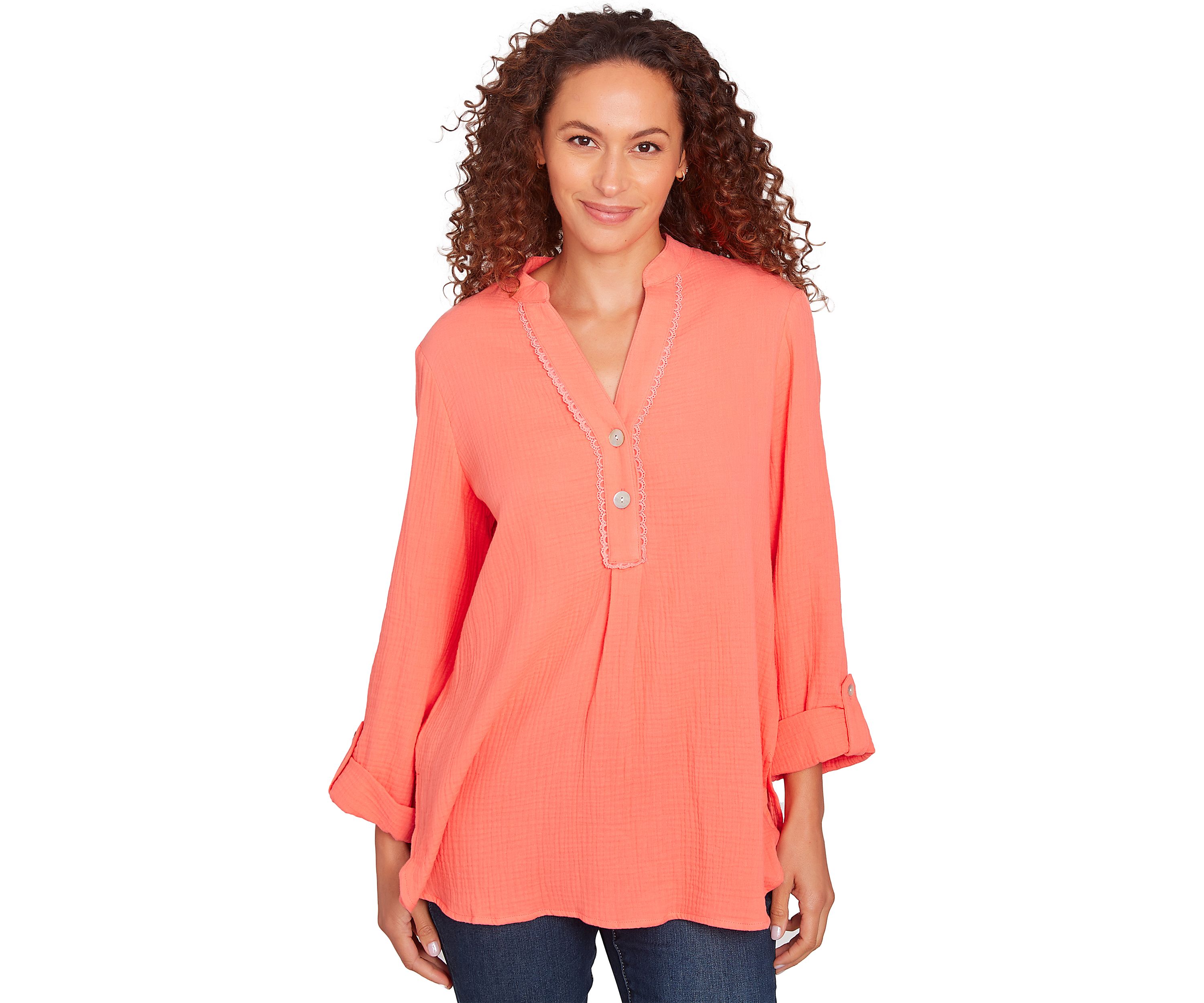 Womens Solid Gauze Roll Tab Sleeve Henley Top