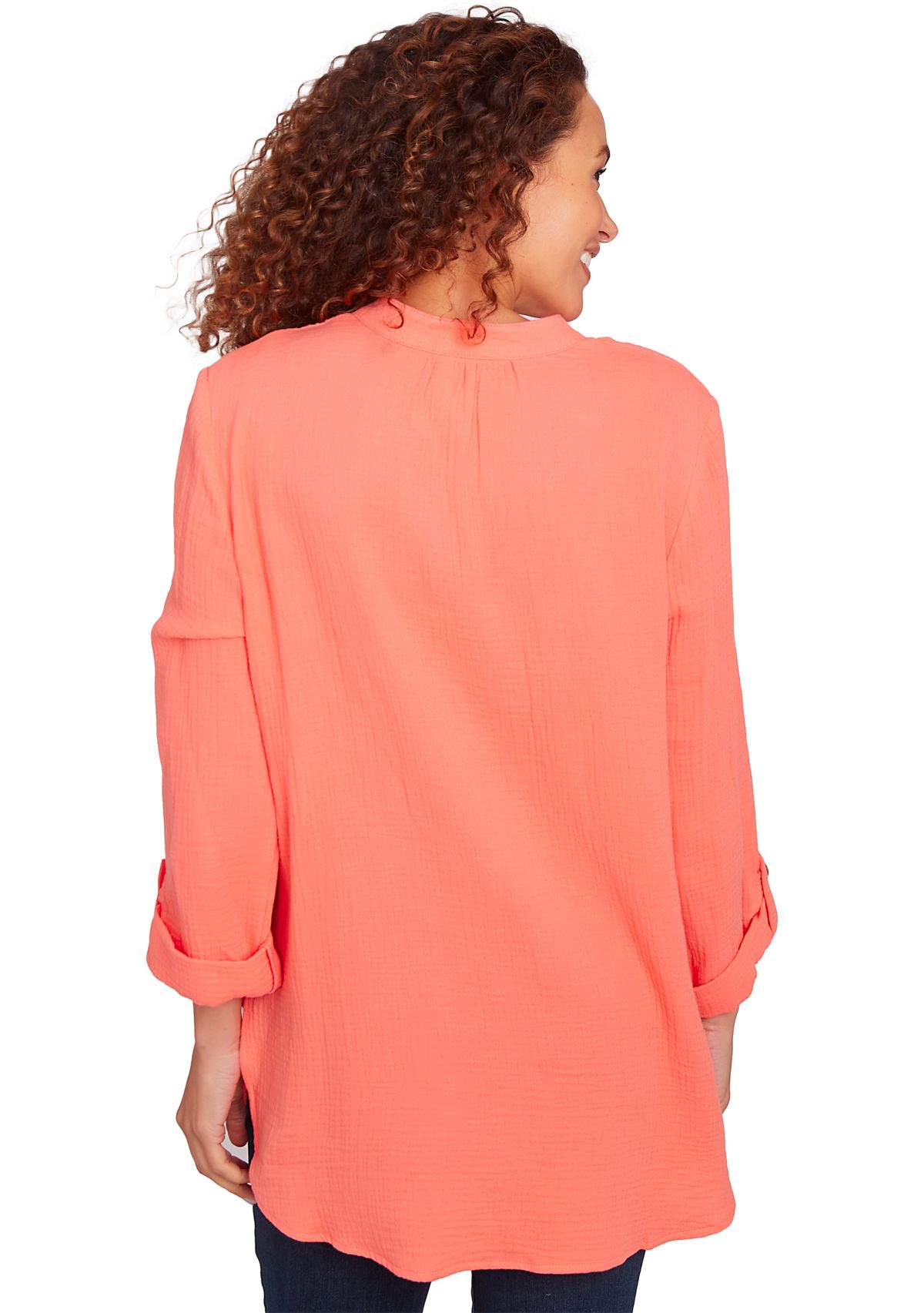 Womens Solid Gauze Roll Tab Sleeve Henley Top