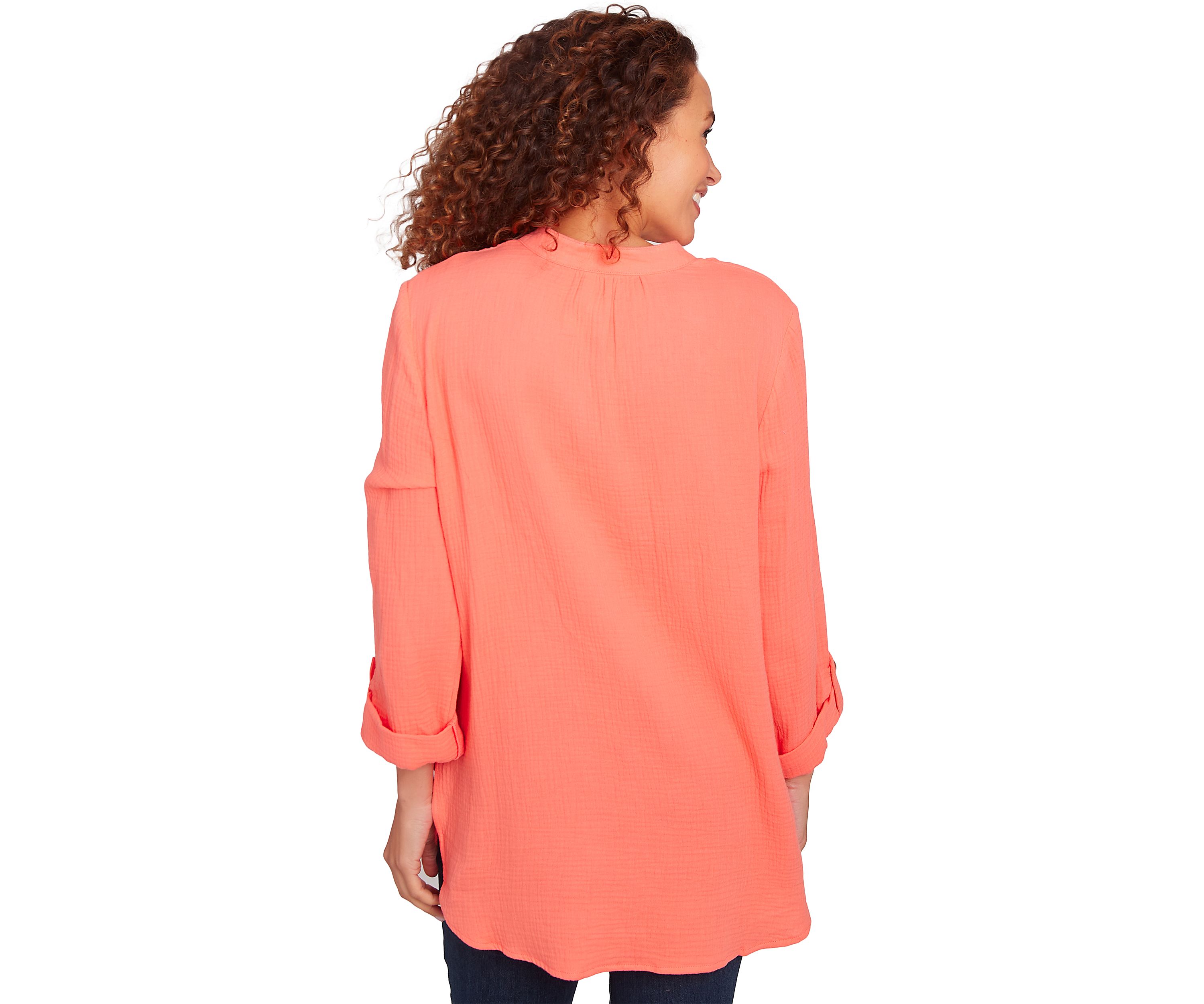 Womens Solid Gauze Roll Tab Sleeve Henley Top