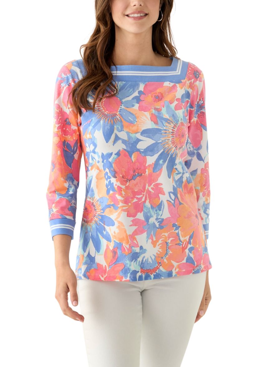 Womens Square Neck Floral Striped Trim Top