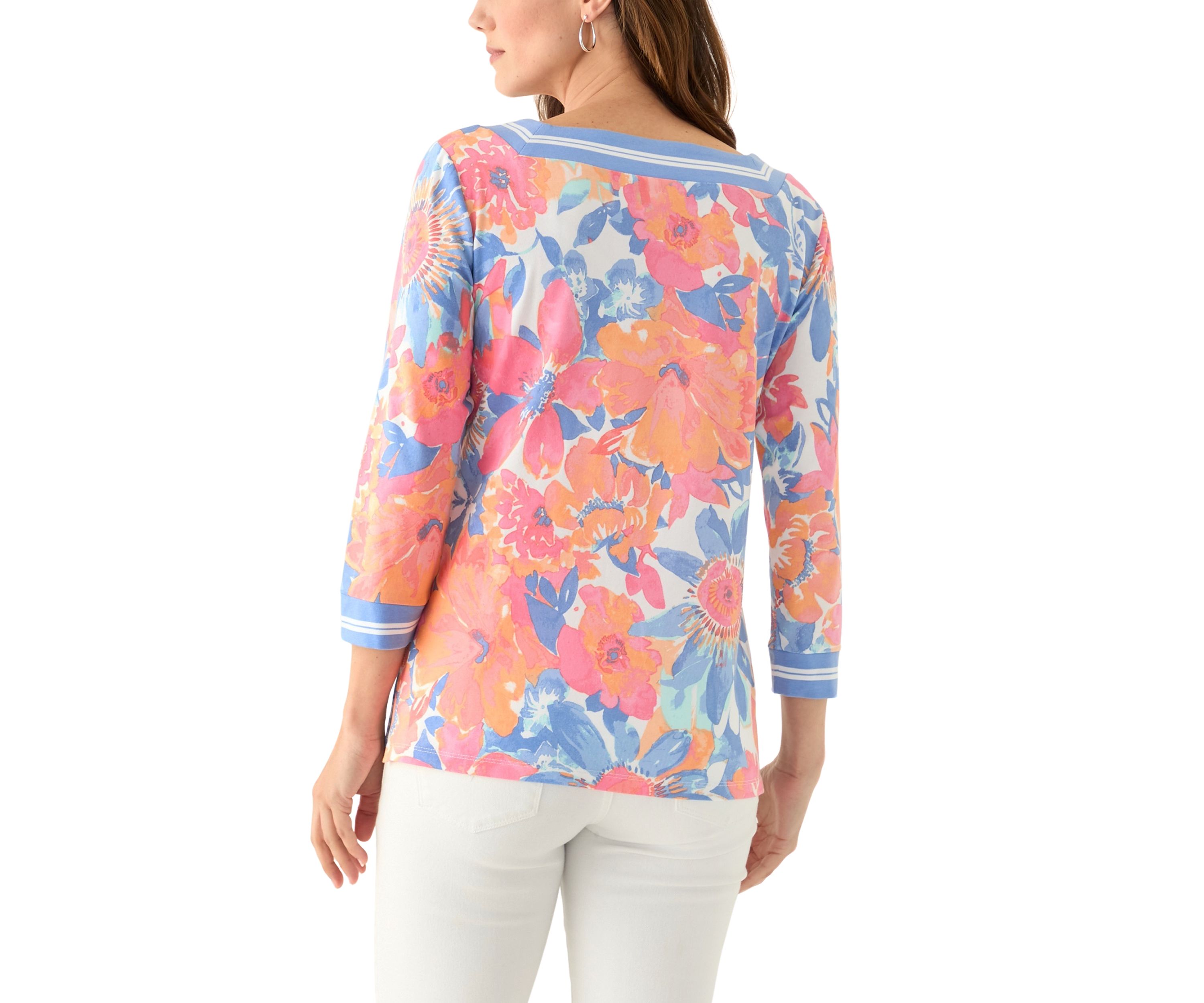 Womens Square Neck Floral Striped Trim Top