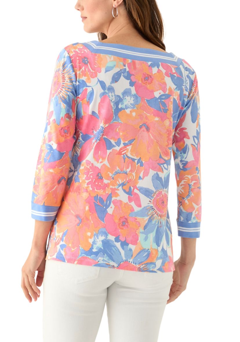Womens Square Neck Floral Striped Trim Top