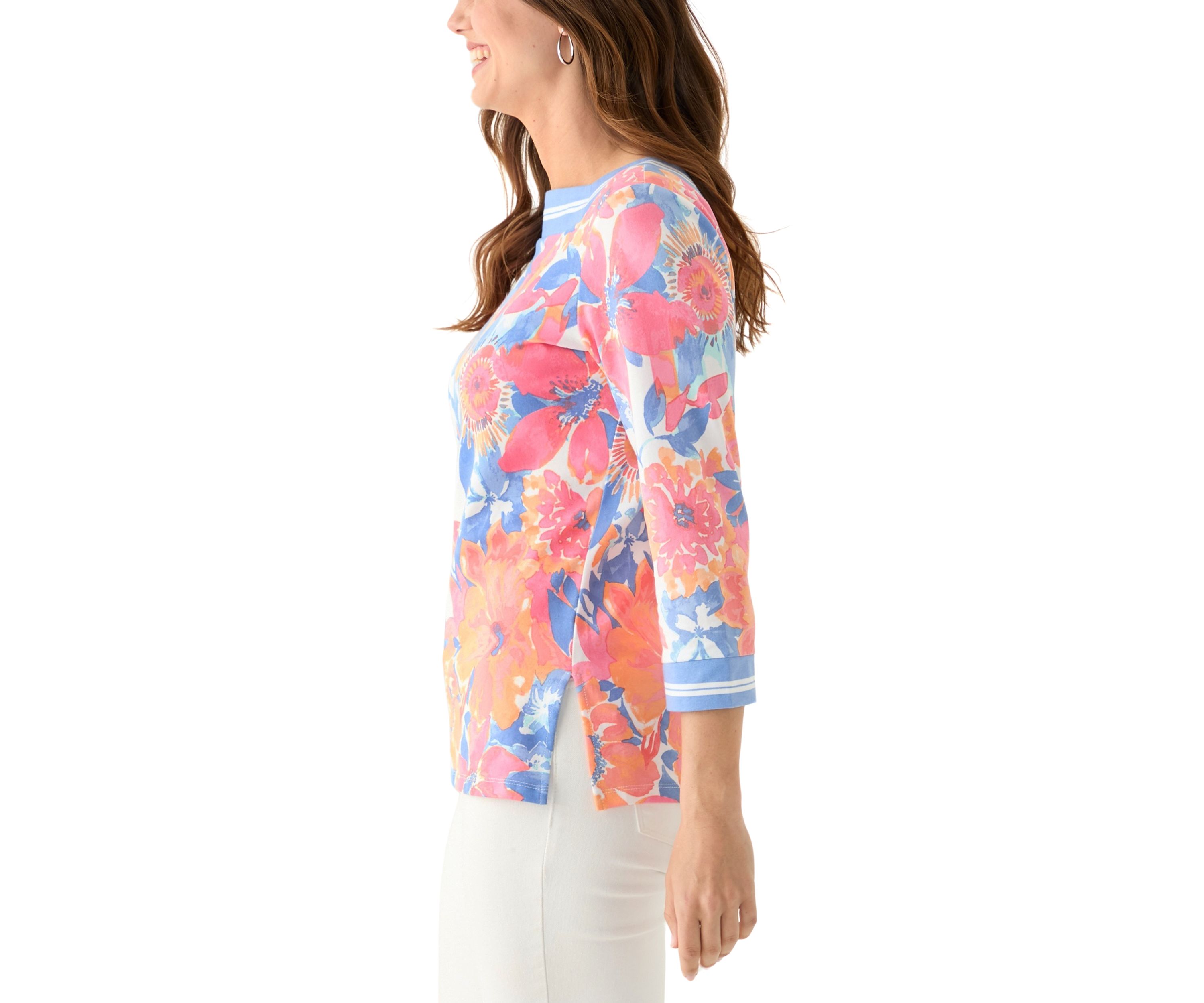 Womens Square Neck Floral Striped Trim Top