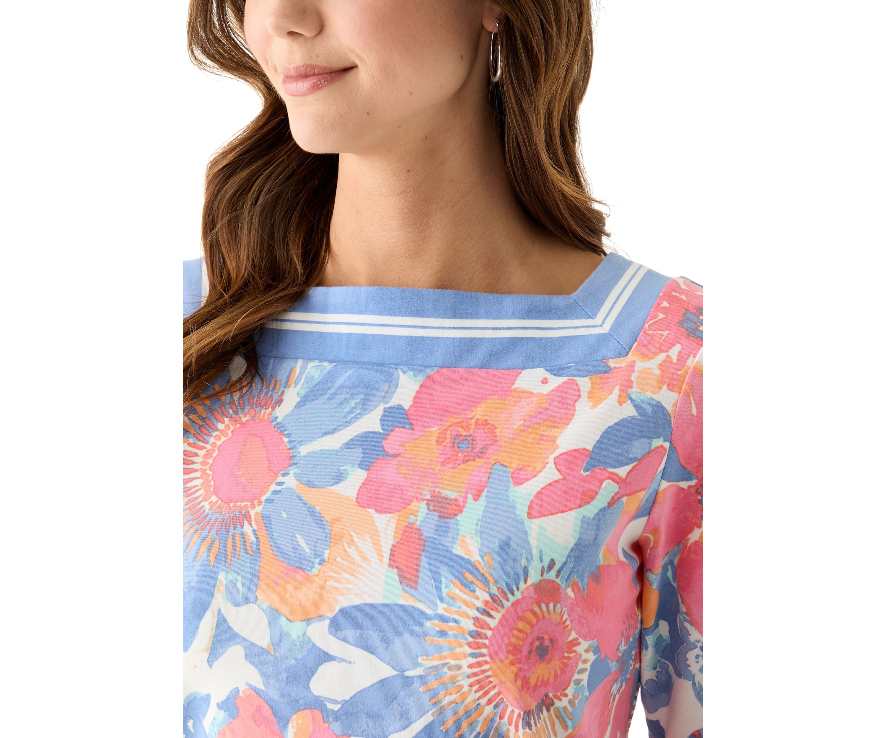 Womens Square Neck Floral Striped Trim Top