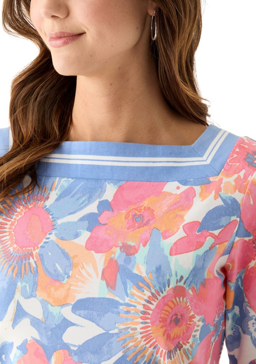 Womens Square Neck Floral Striped Trim Top