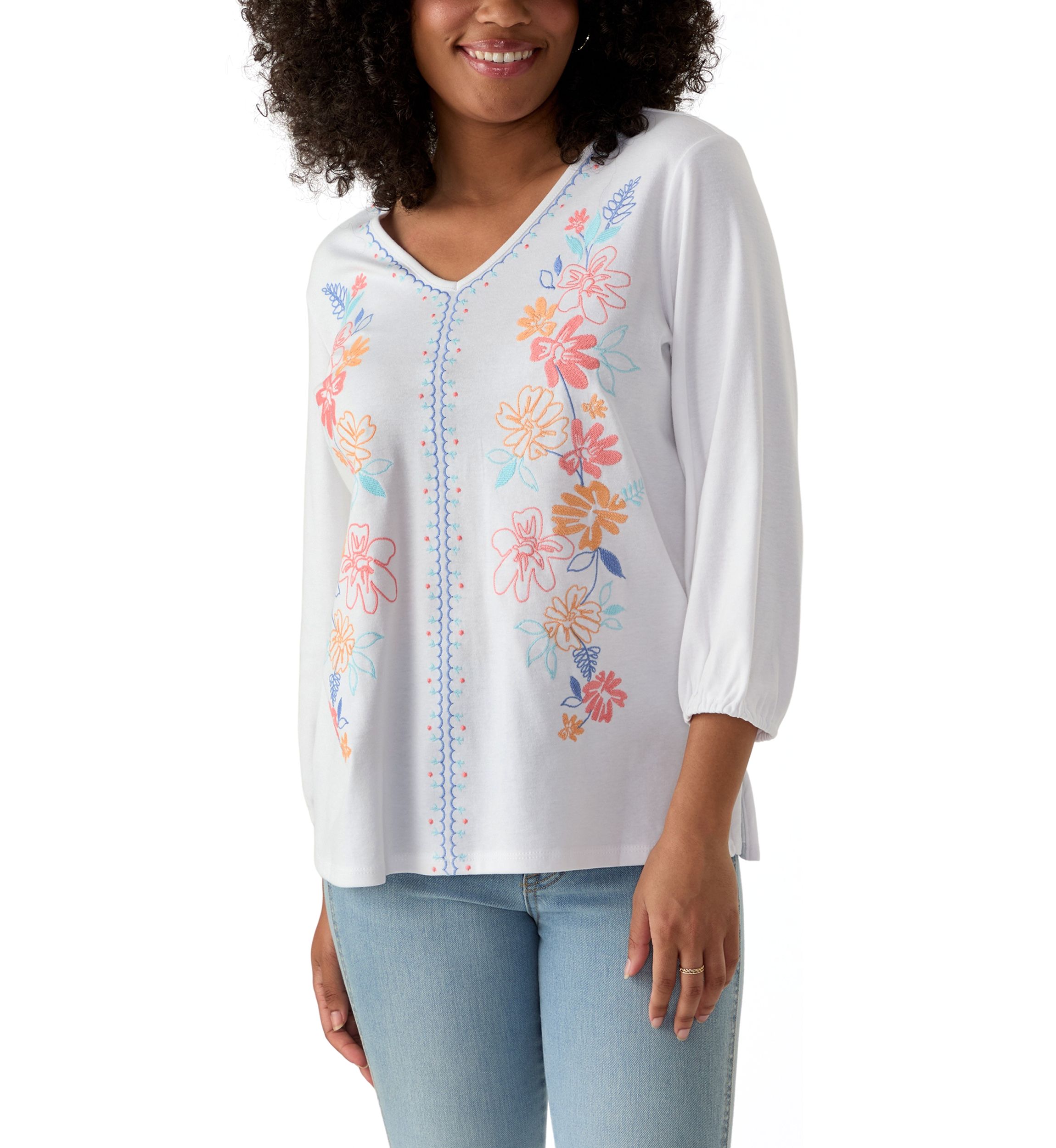 Womens Floral Embroidered Solid Knit Top
