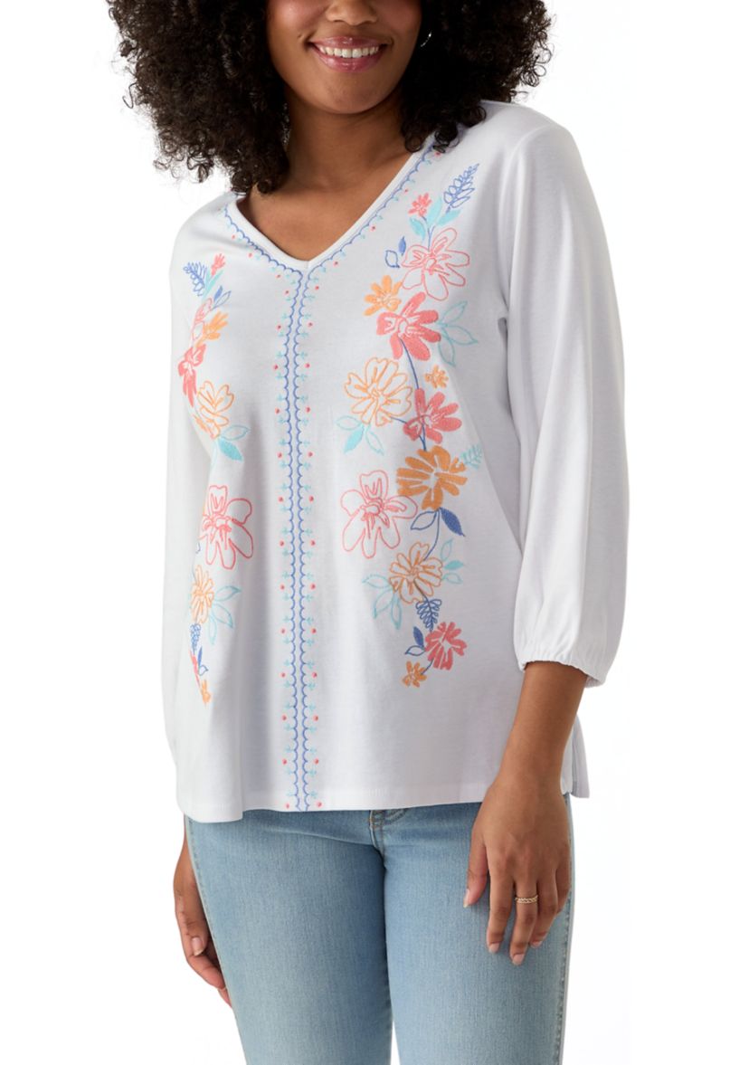 Womens Floral Embroidered Solid Knit Top