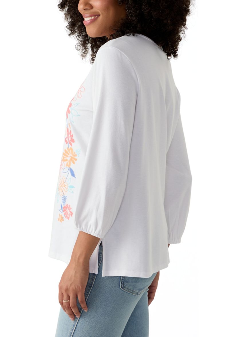Womens Floral Embroidered Solid Knit Top