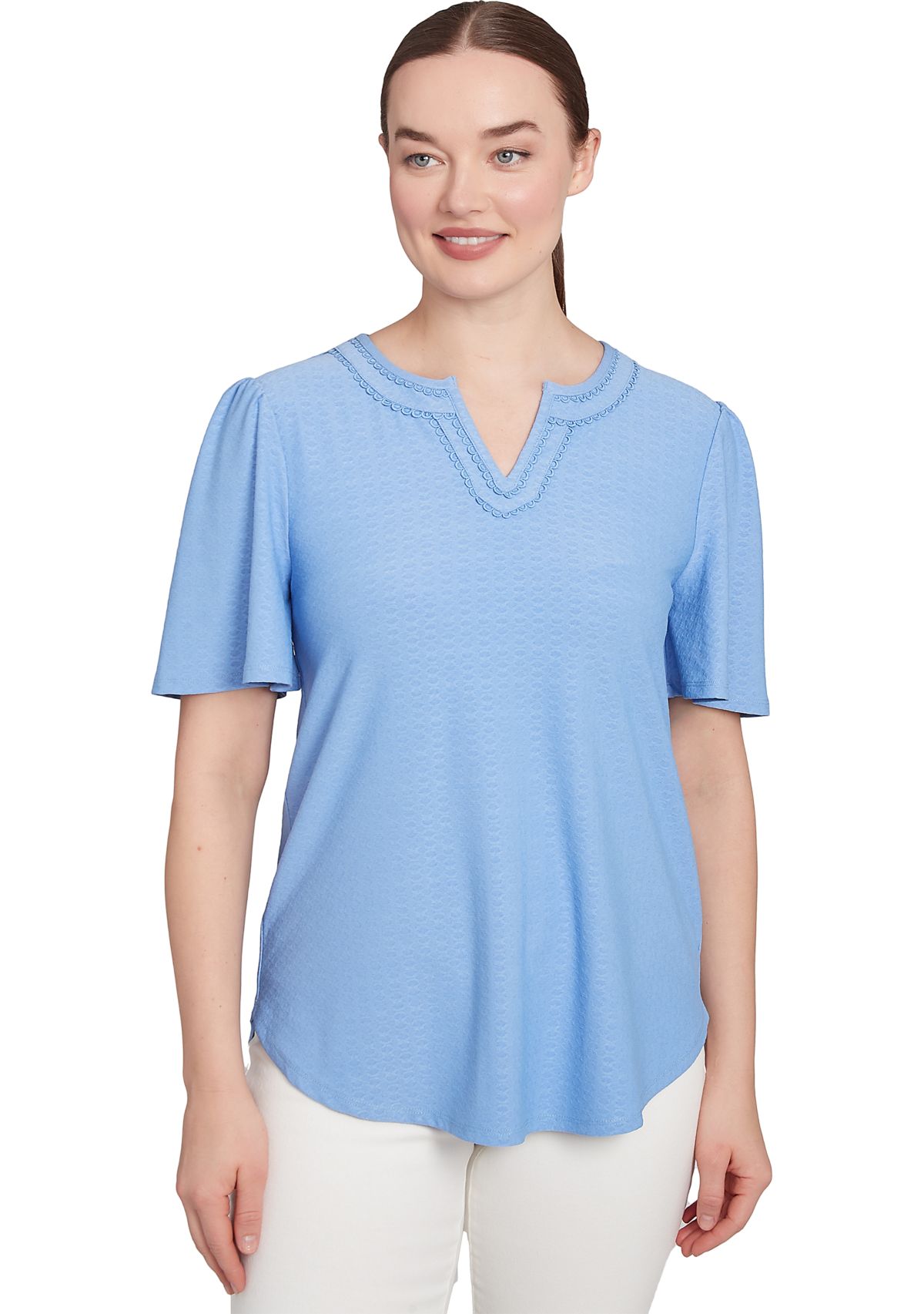 Womens Scoop Neck Textured Solid Knit Top With Short Ruffle Sleeves