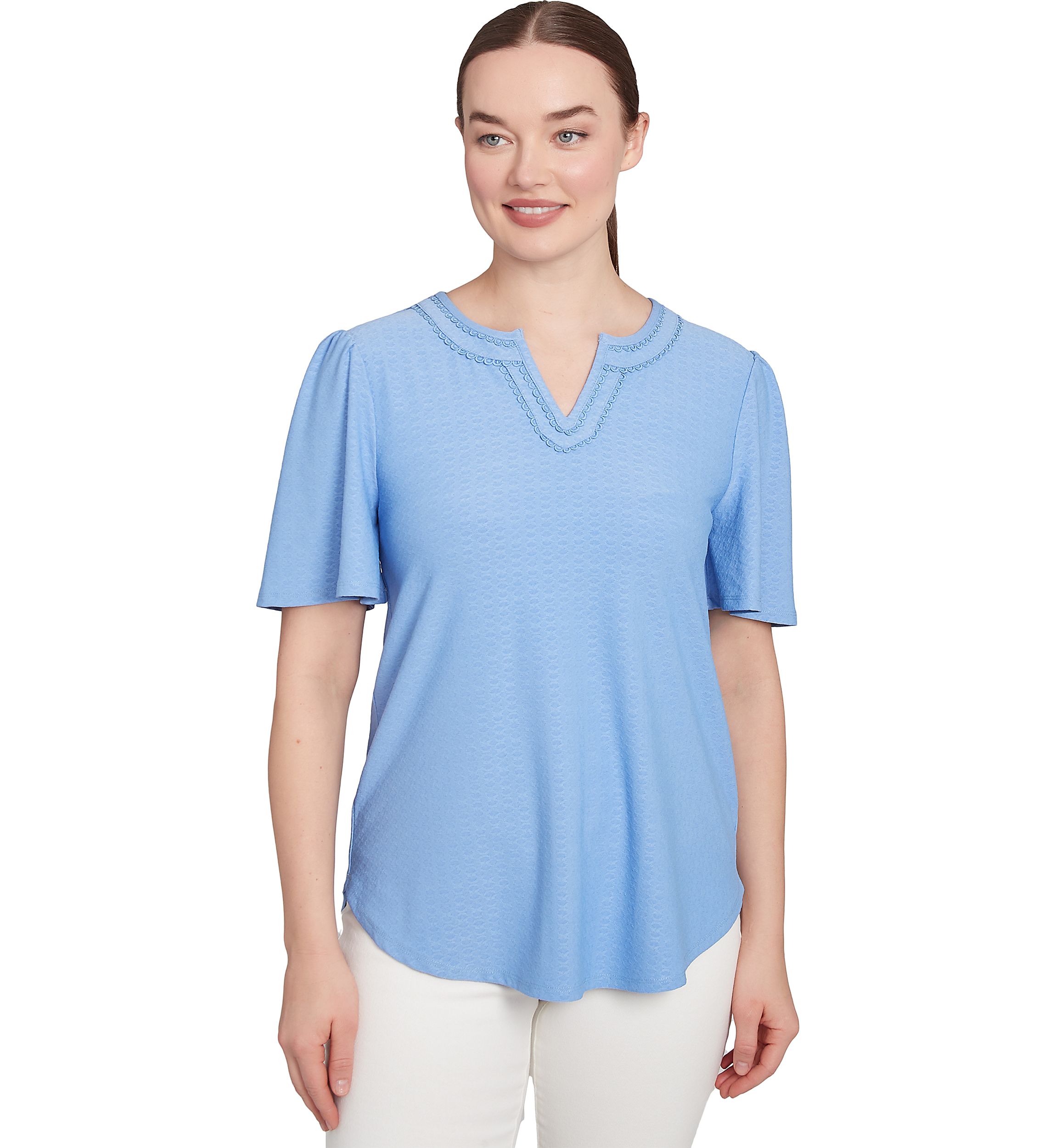 Womens Scoop Neck Textured Solid Knit Top With Short Ruffle Sleeves