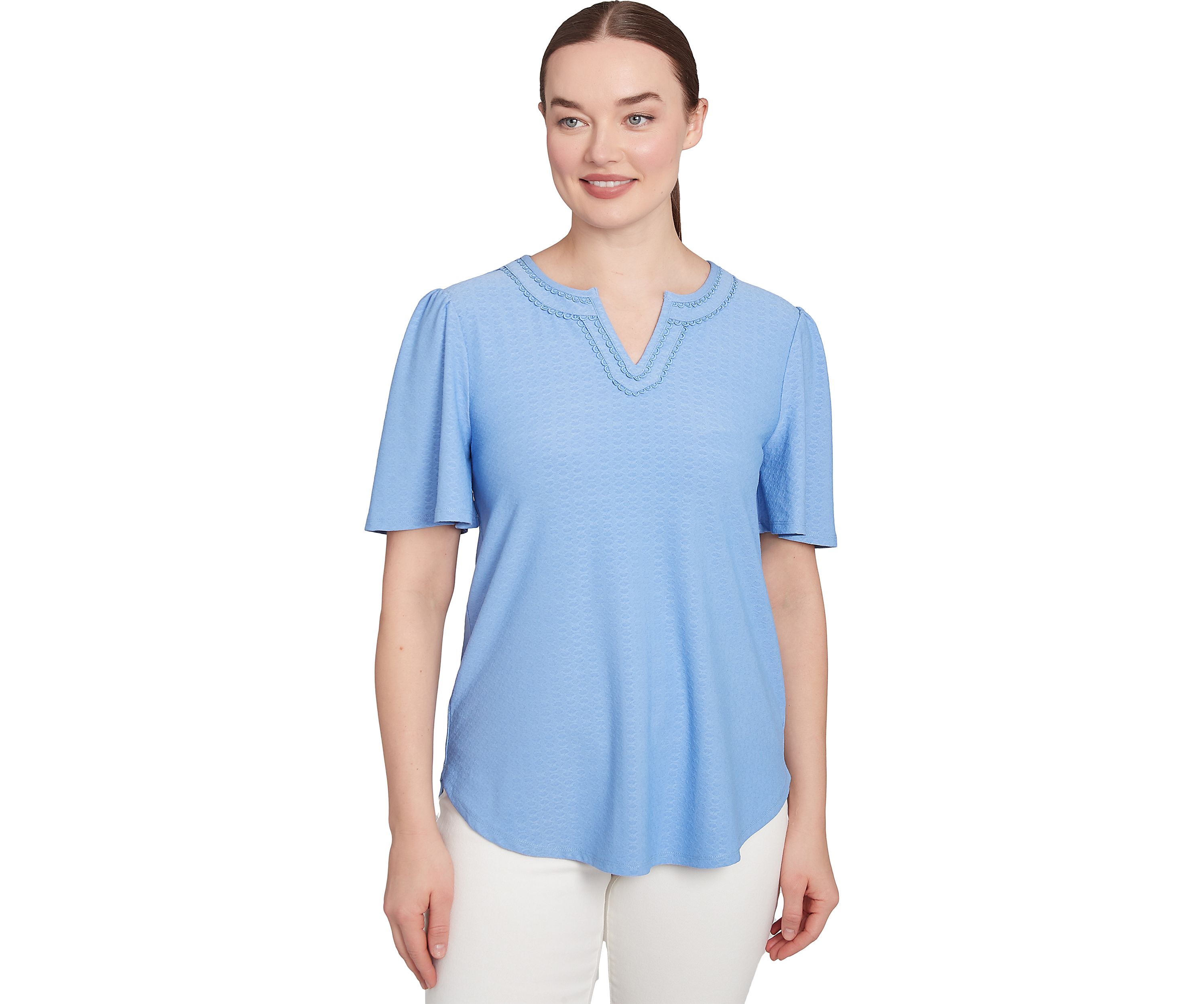 Womens Scoop Neck Textured Solid Knit Top With Short Ruffle Sleeves