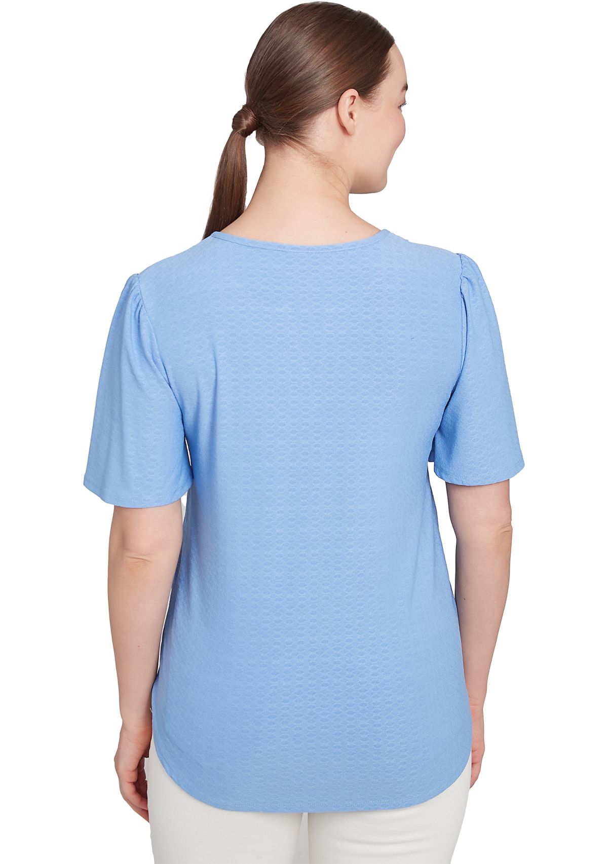 Womens Scoop Neck Textured Solid Knit Top With Short Ruffle Sleeves