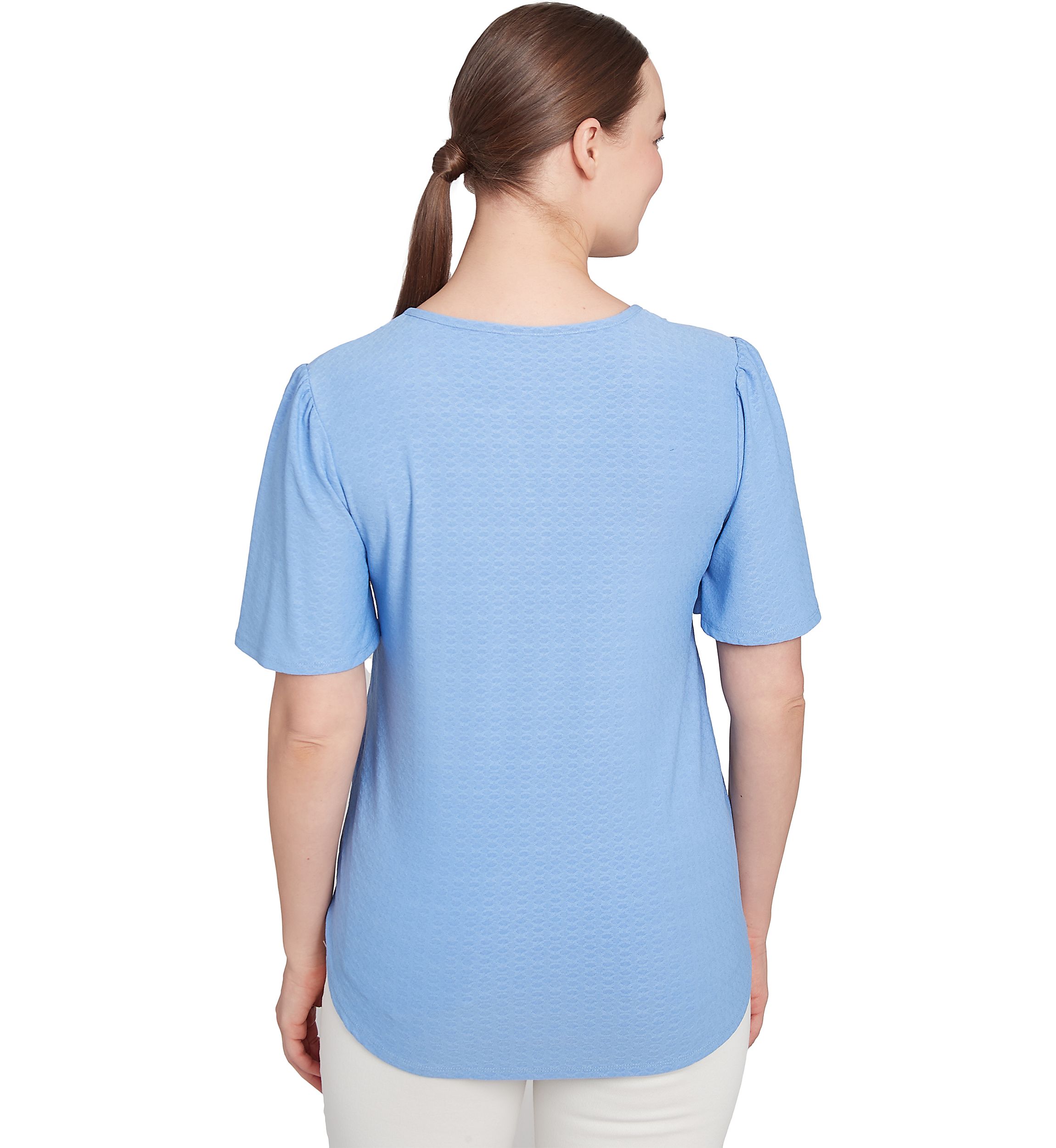 Womens Scoop Neck Textured Solid Knit Top With Short Ruffle Sleeves