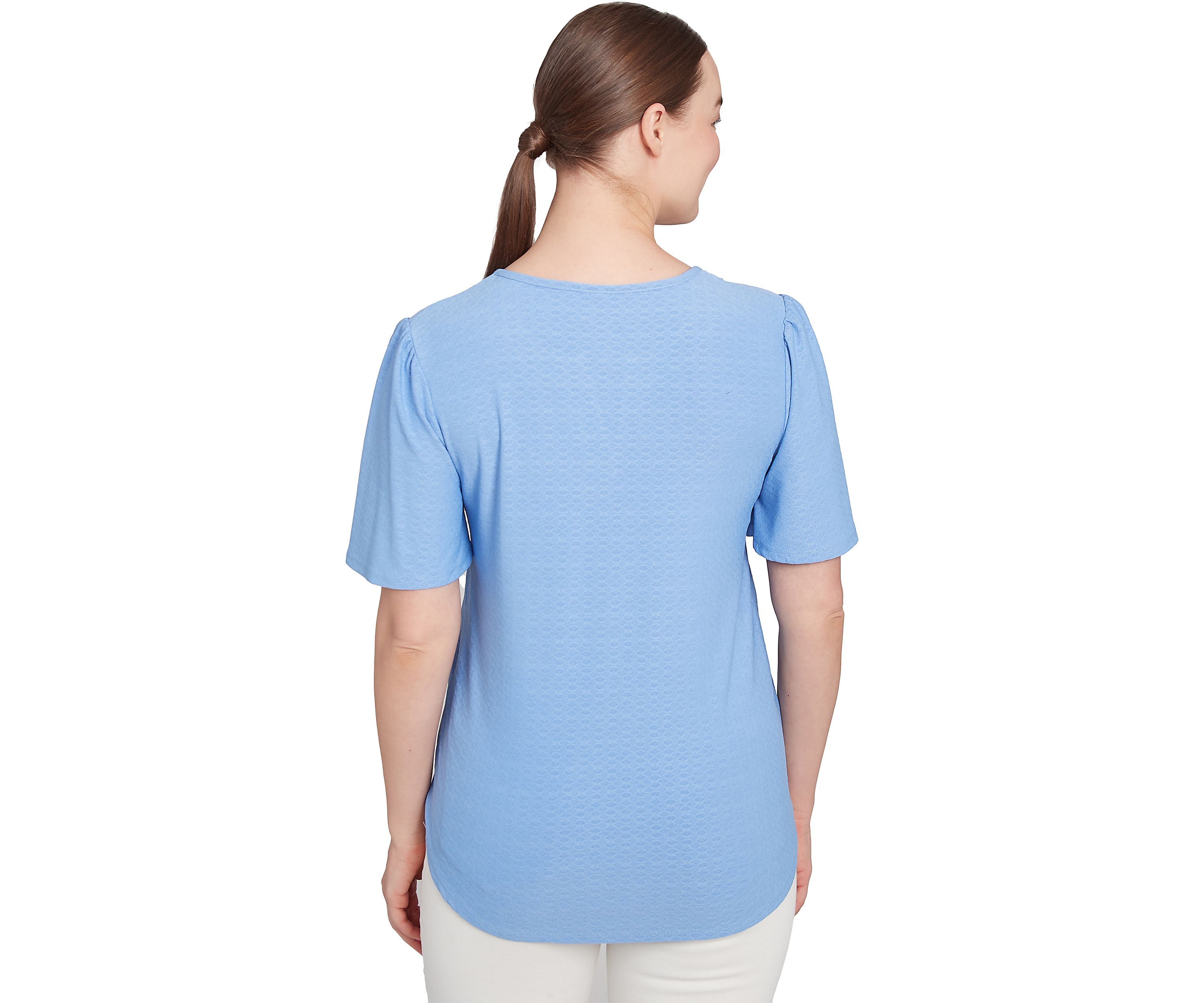 Womens Scoop Neck Textured Solid Knit Top With Short Ruffle Sleeves