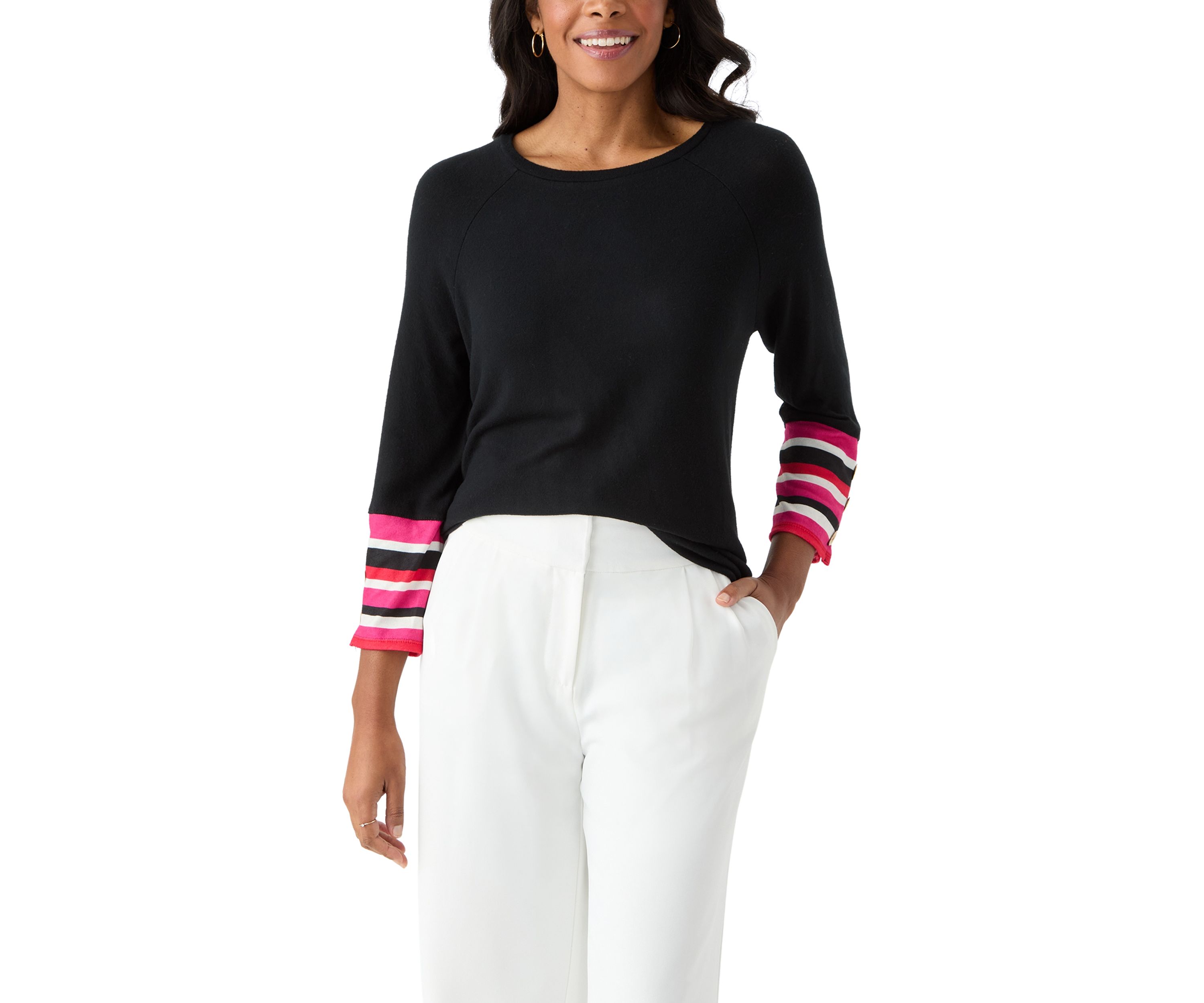 Womens Crew Neck Solid Hacci Knit Top with Striped Cuff Detail