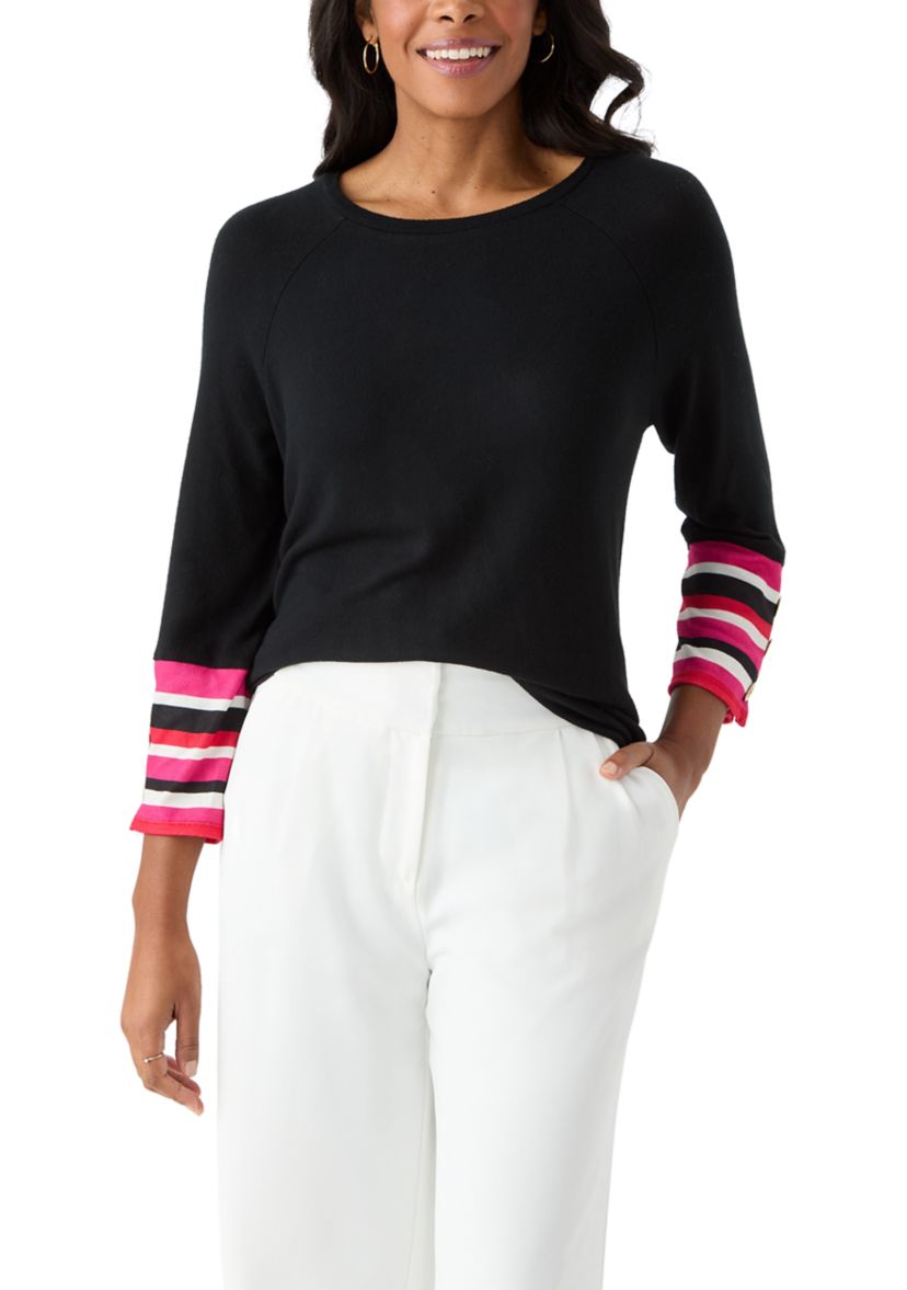 Womens Crew Neck Solid Hacci Knit Top with Striped Cuff Detail