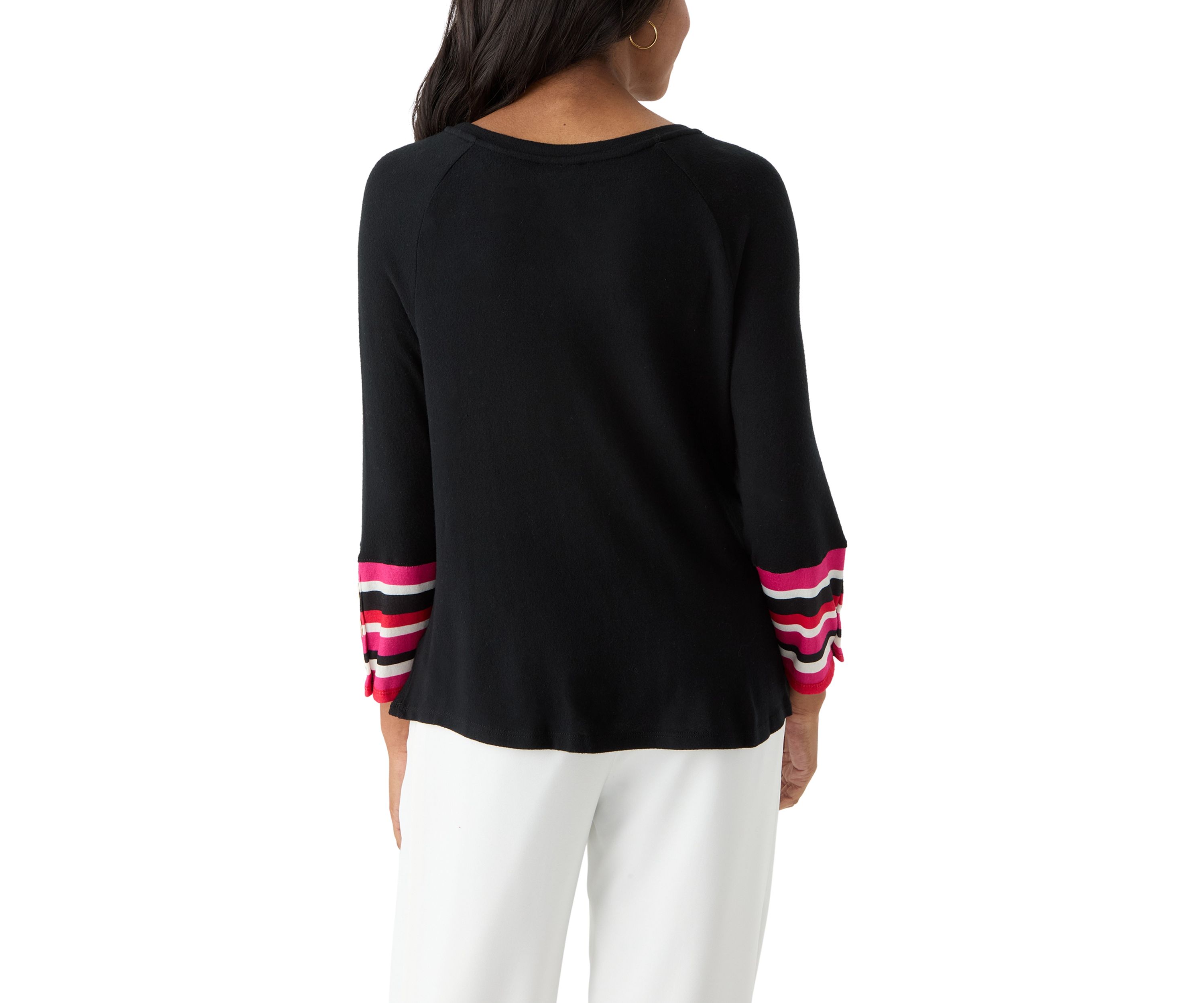 Womens Crew Neck Solid Hacci Knit Top with Striped Cuff Detail