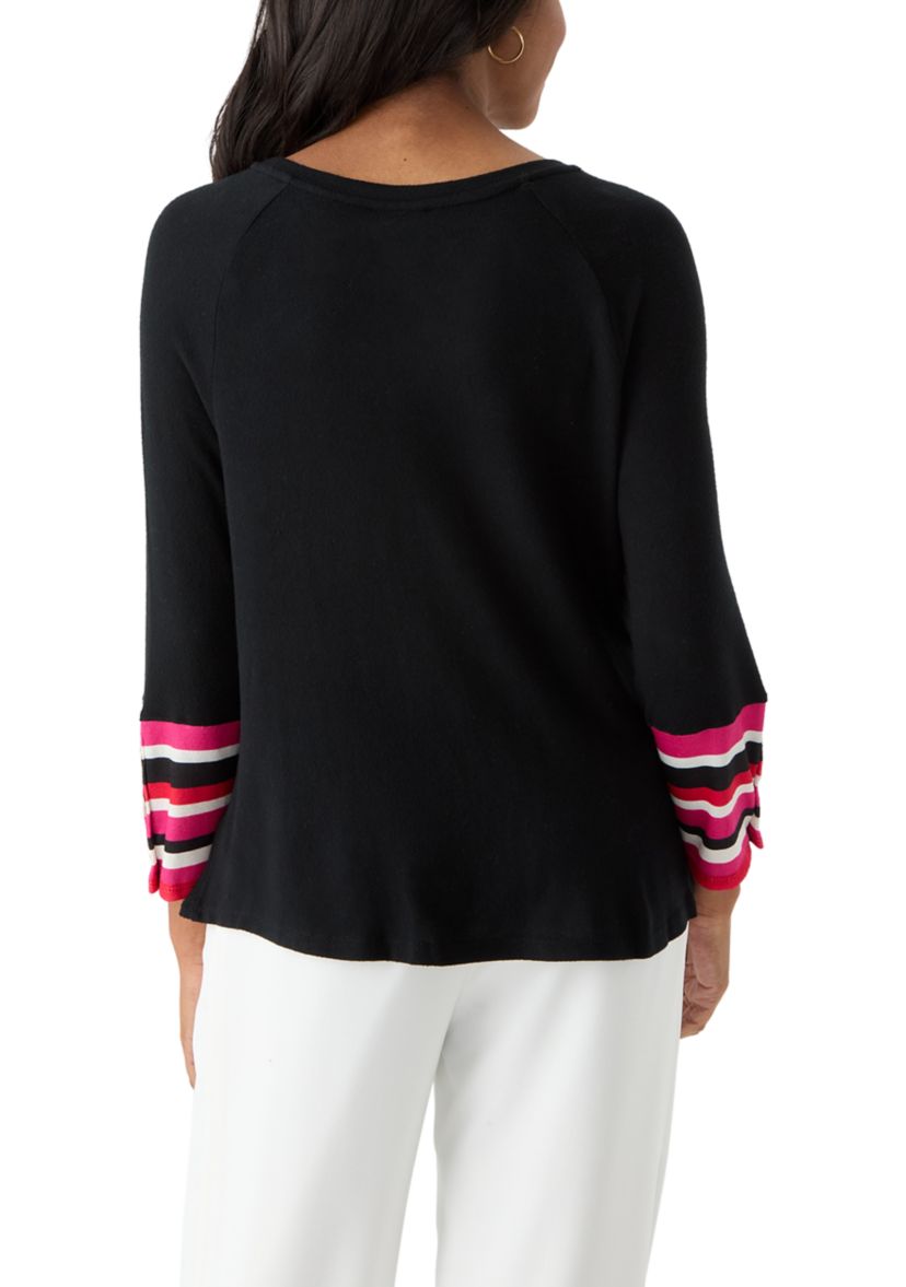 Womens Crew Neck Solid Hacci Knit Top with Striped Cuff Detail