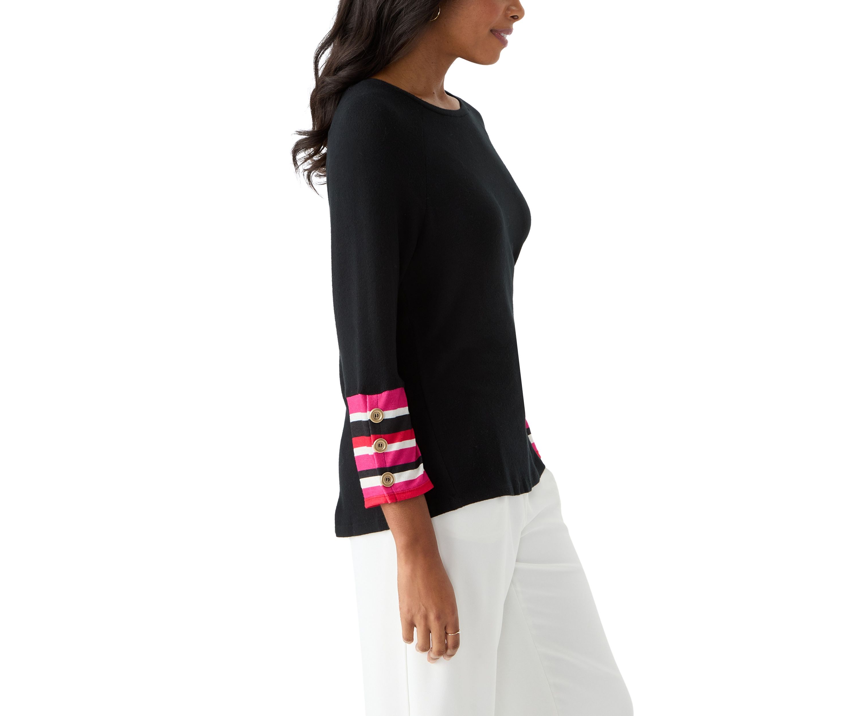 Womens Crew Neck Solid Hacci Knit Top with Striped Cuff Detail