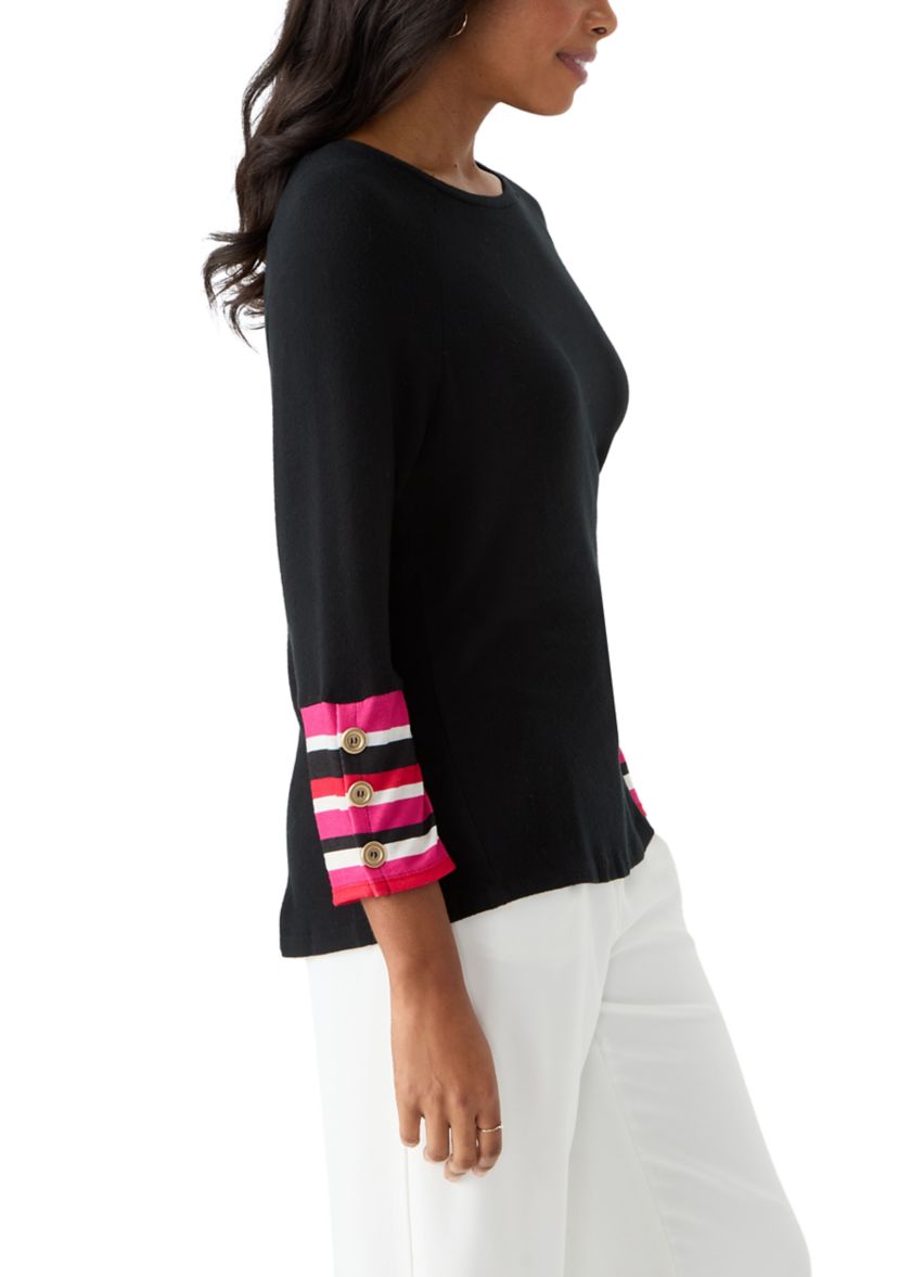 Womens Crew Neck Solid Hacci Knit Top with Striped Cuff Detail