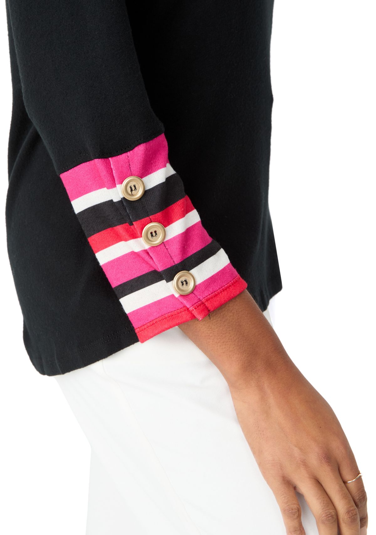 Womens Crew Neck Solid Hacci Knit Top with Striped Cuff Detail