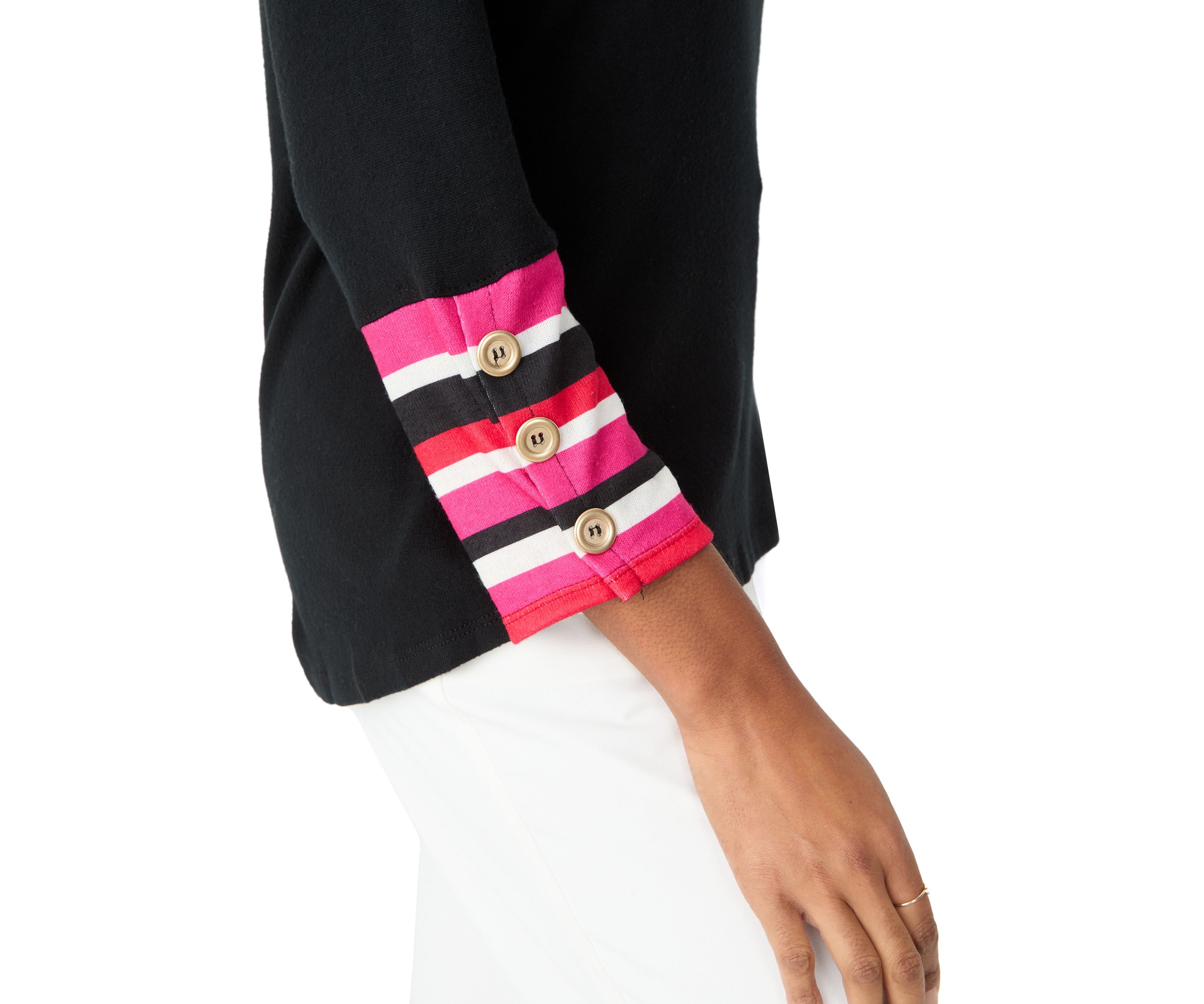 Womens Crew Neck Solid Hacci Knit Top with Striped Cuff Detail