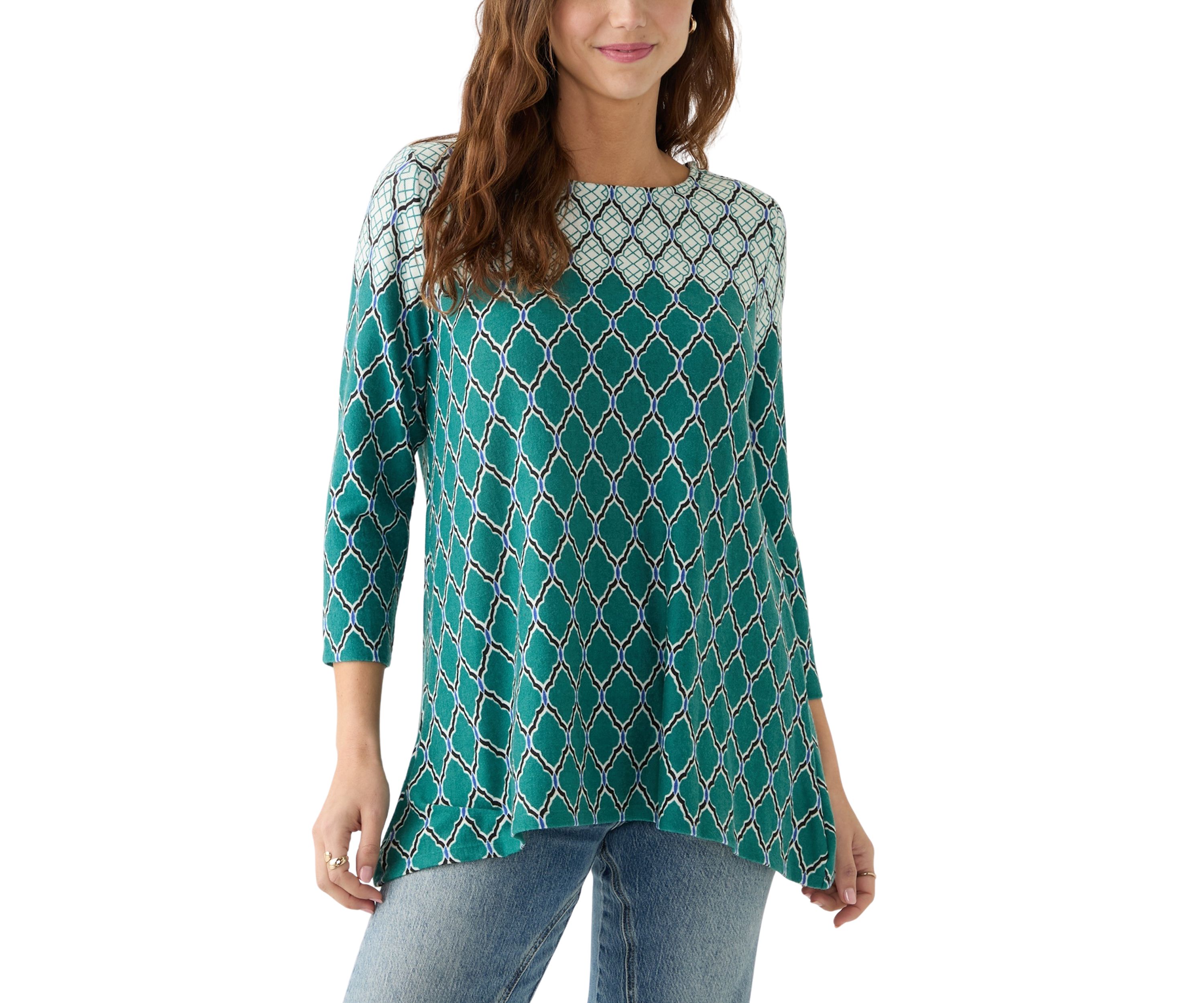 Womens Boat Neck Scalloped Medallion Border Print Hacci Shark Bite Top