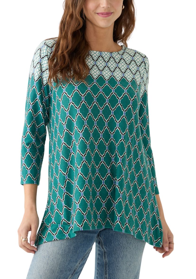 Womens Boat Neck Scalloped Medallion Border Print Hacci Shark Bite Top