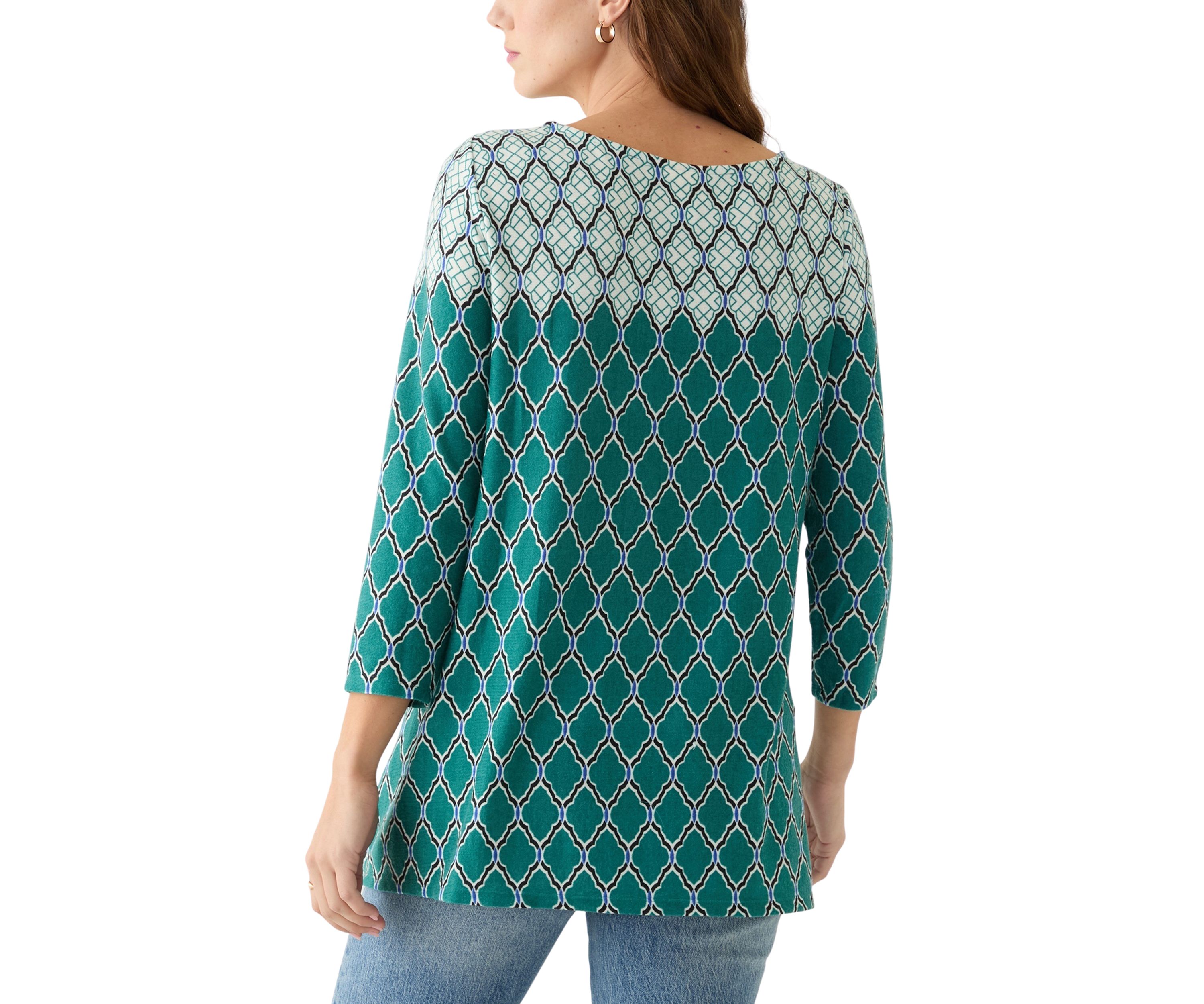 Womens Boat Neck Scalloped Medallion Border Print Hacci Shark Bite Top