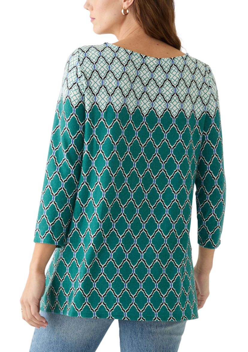 Womens Boat Neck Scalloped Medallion Border Print Hacci Shark Bite Top