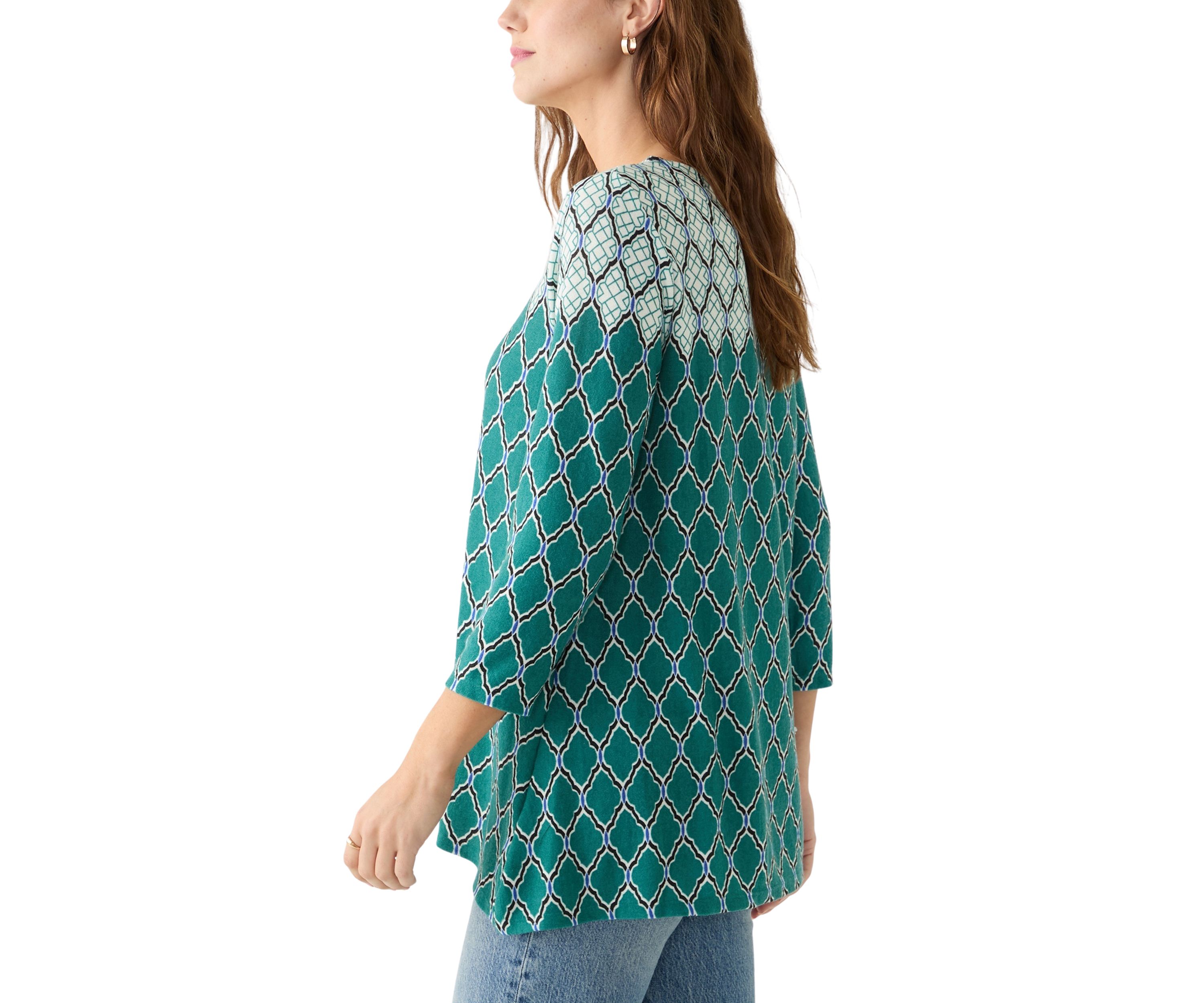 Womens Boat Neck Scalloped Medallion Border Print Hacci Shark Bite Top