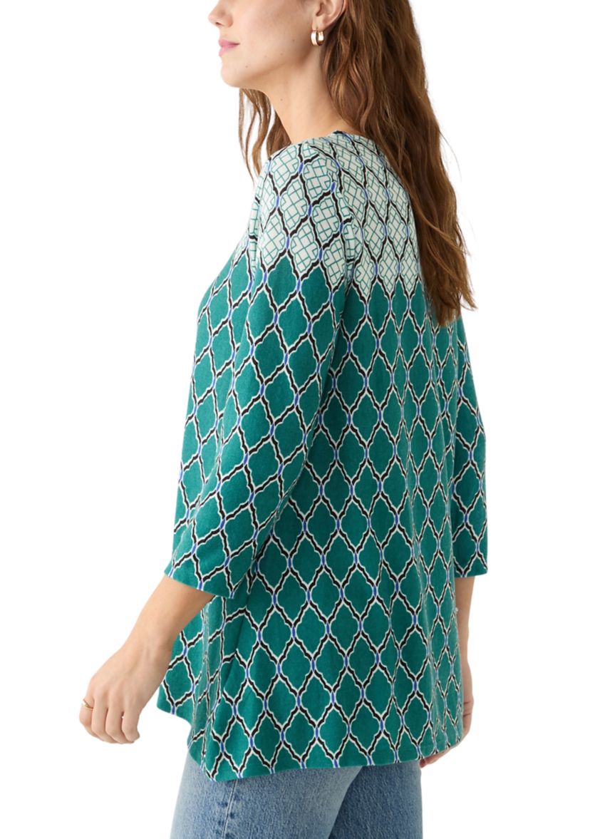 Womens Boat Neck Scalloped Medallion Border Print Hacci Shark Bite Top