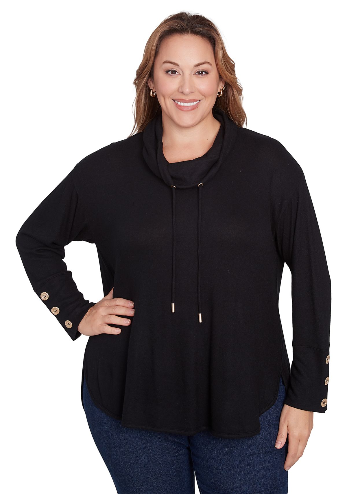 Plus Size Cowl Neck Solid Hatchi Knit Top