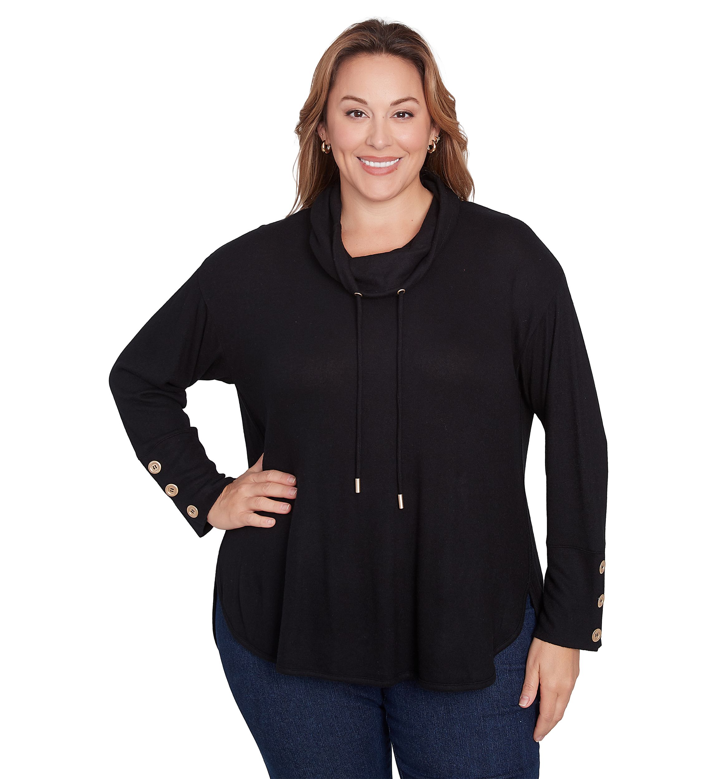 Plus Size Cowl Neck Solid Hatchi Knit Top