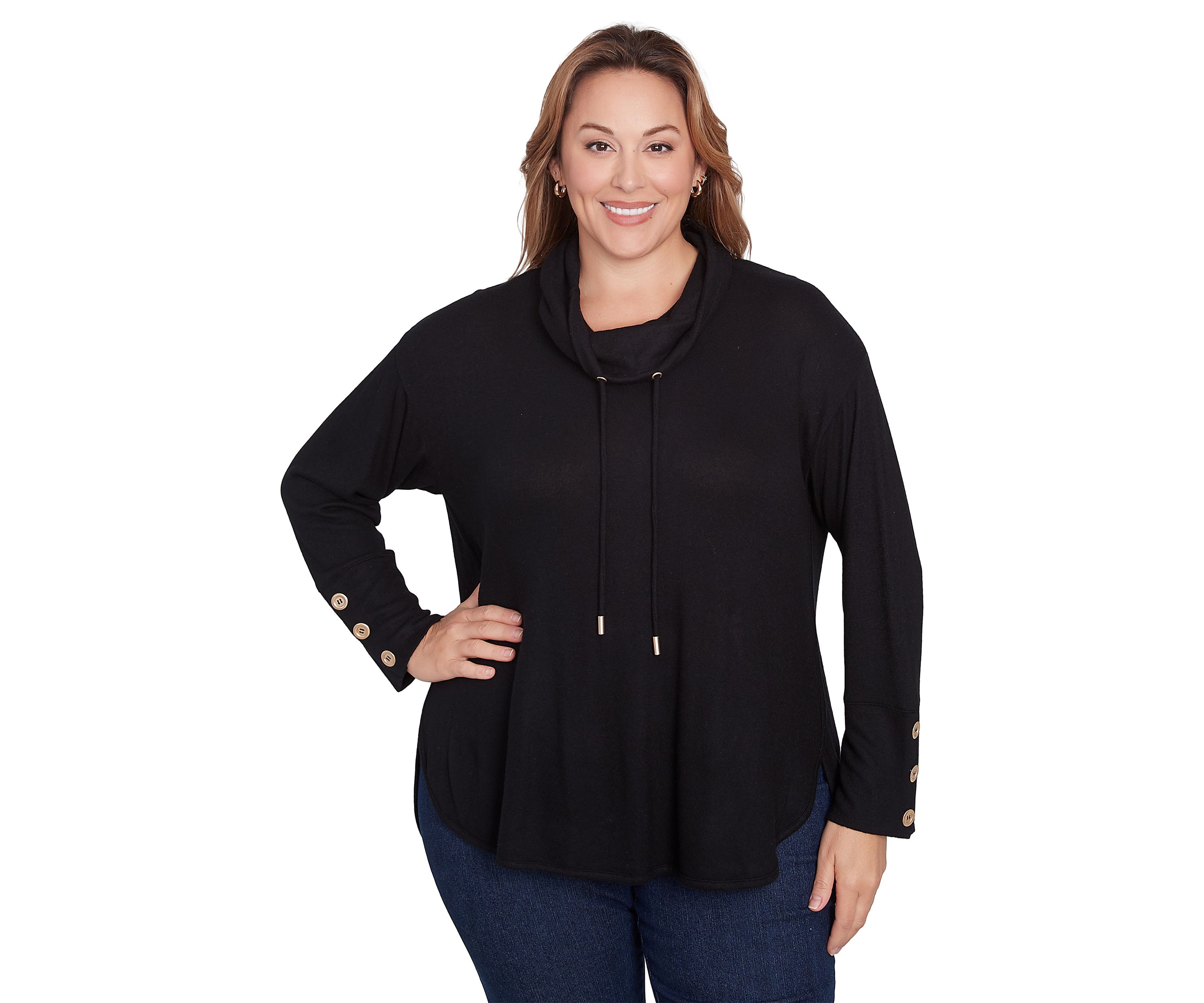 Plus Size Cowl Neck Solid Hatchi Knit Top