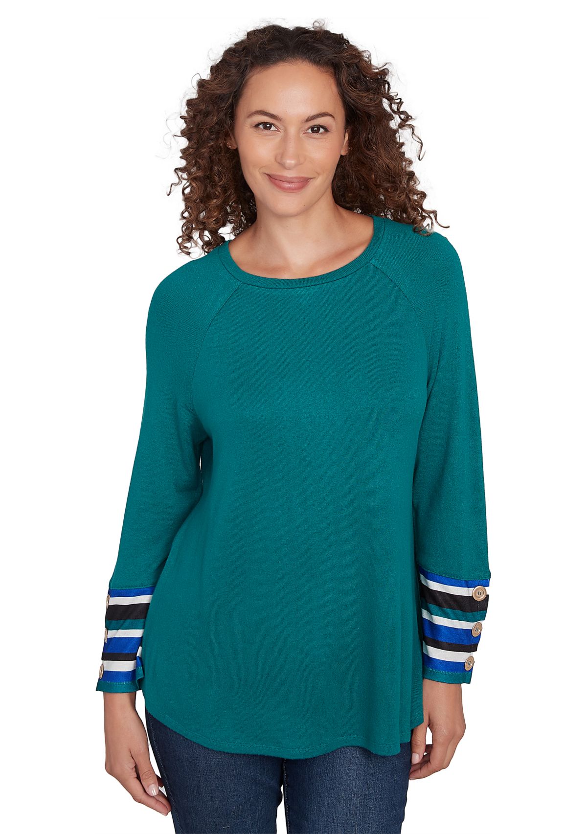 Plus Size Crew Neck Solid Hatchi Knit Top with Striped Cuff Detail